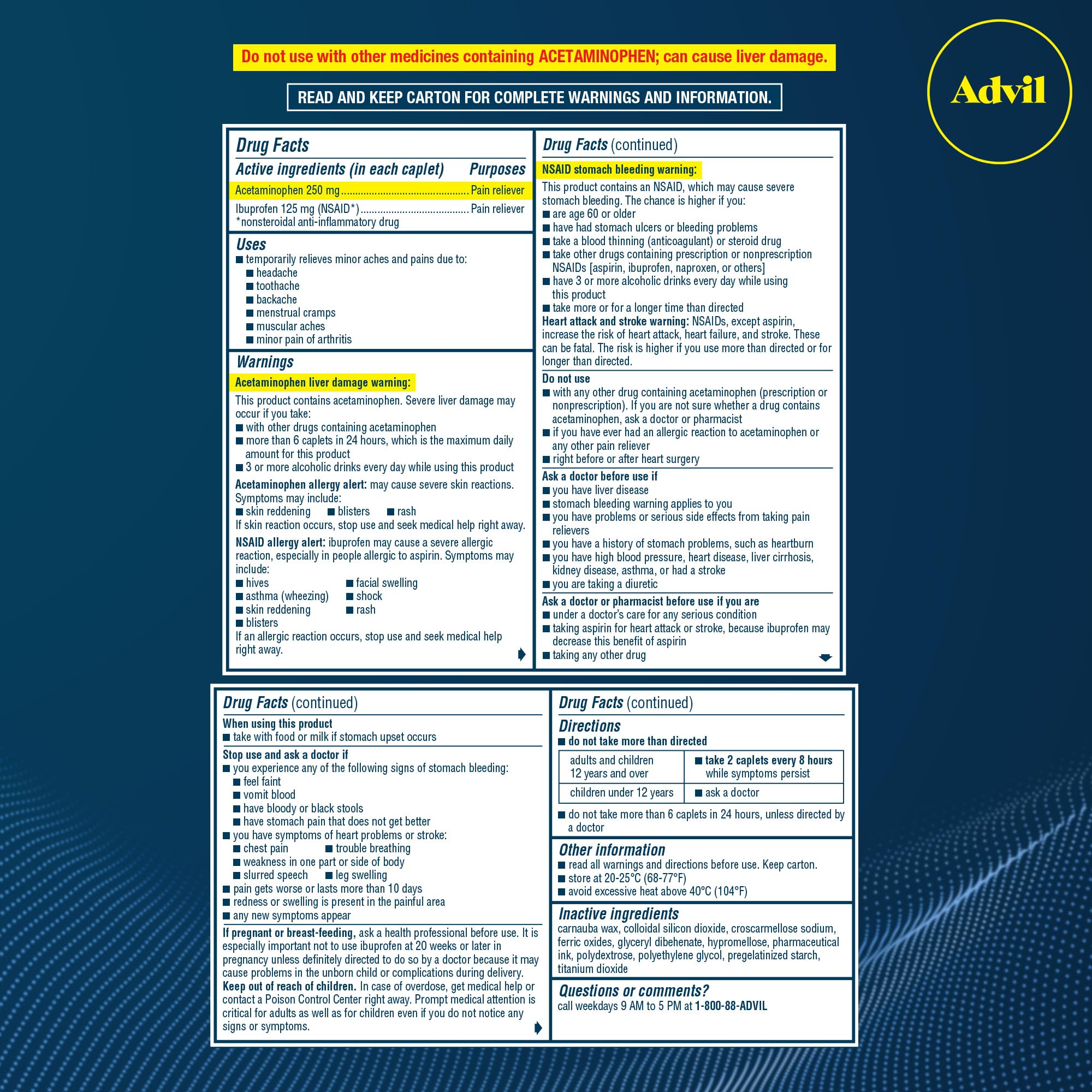 Advil Dual Action Coated Caplets, 125 Mg Ibuprofen and 250 Mg Acetaminophen per Dose (2 Dose Equivalent) for 8 Hour Pain Relief - 216 Count - Maple Wellness Supplements