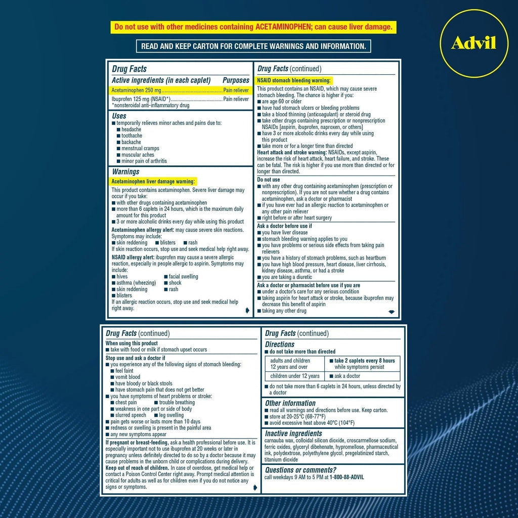 Advil Dual Action Coated Caplets, 125 Mg Ibuprofen and 250 Mg Acetaminophen per Dose (2 Dose Equivalent) for 8 Hour Pain Relief - 216 Count - TrustMedUSA