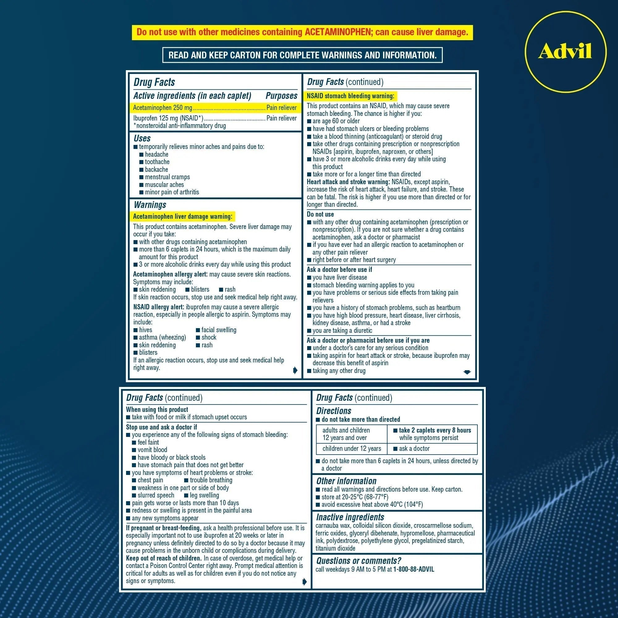 Advil Dual Action Coated Caplets, 125 Mg Ibuprofen and 250 Mg Acetaminophen per Dose (2 Dose Equivalent) for 8 Hour Pain Relief - 216 Count - TrustMedUSA