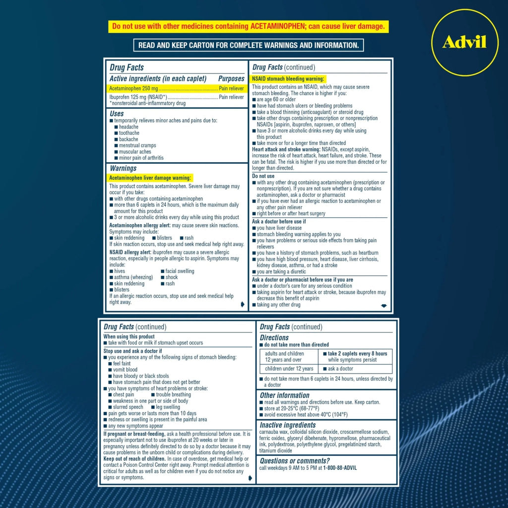 Advil Dual Action Coated Caplets with Acetaminophen, 250 Mg Ibuprofen and 500 Mg Acetaminophen Per Dose (2 Dose Equivalent) for 8 Hour Pain Relief - 72 Count - TrustMedUSA