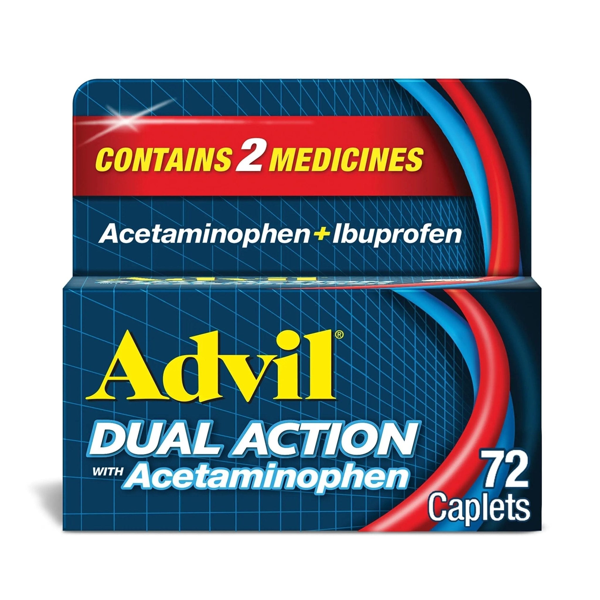 Advil Dual Action Coated Caplets with Acetaminophen, 250 Mg Ibuprofen and 500 Mg Acetaminophen Per Dose (2 Dose Equivalent) for 8 Hour Pain Relief - 72 Count - TrustMedUSA