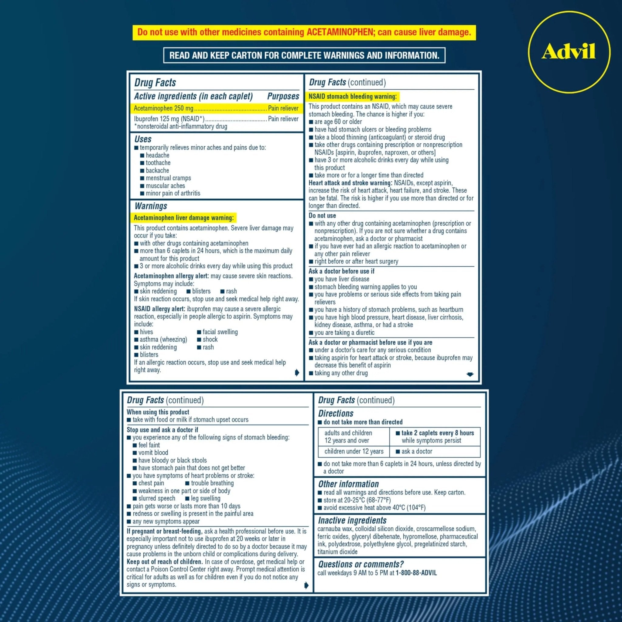 Advil Dual Action With Acetaminophen And Ibuprofen (2 Dose Equivalent) For 8 Hour Pain Relief, Coated 144 Ct Caplets And 2 Ct. Sample Of Advil PM - TrustMedUSA