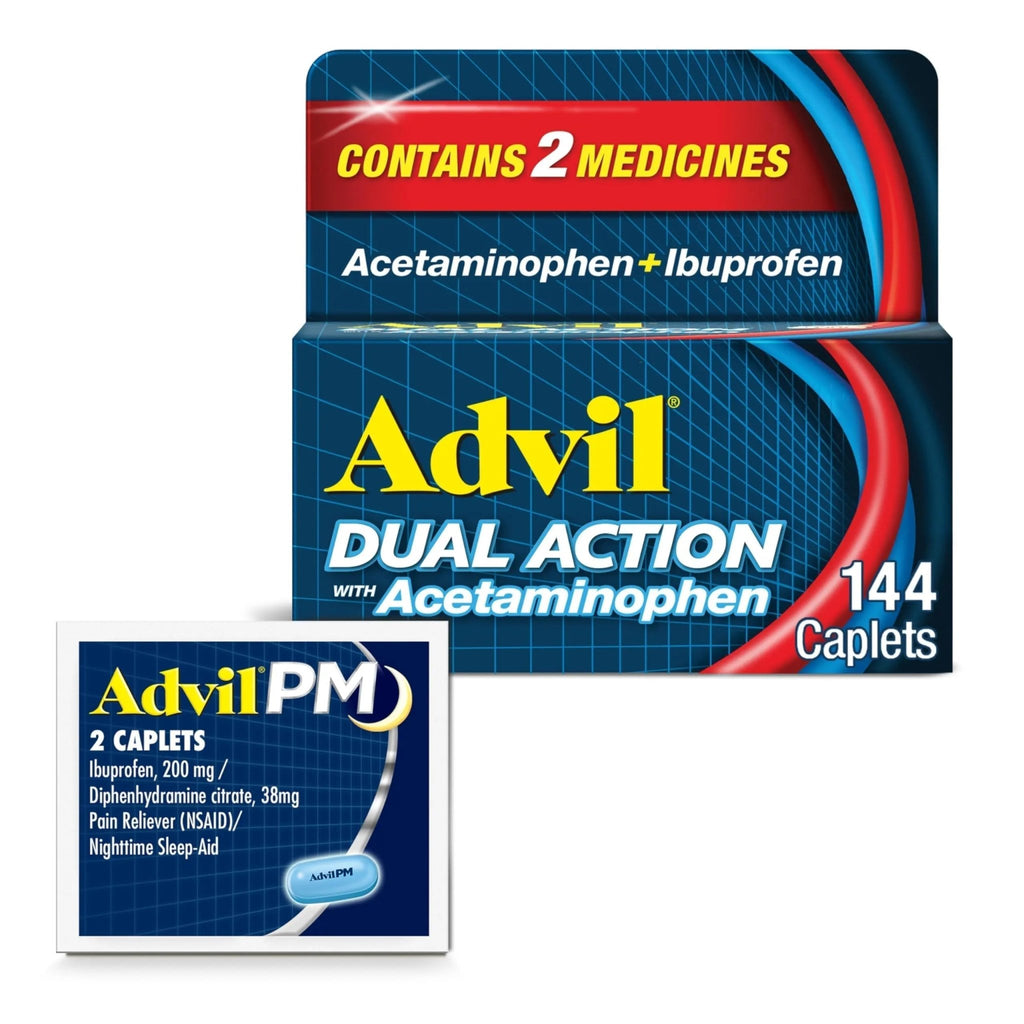 Advil Dual Action With Acetaminophen And Ibuprofen (2 Dose Equivalent) For 8 Hour Pain Relief, Coated 144 Ct Caplets And 2 Ct. Sample Of Advil PM - TrustMedUSA