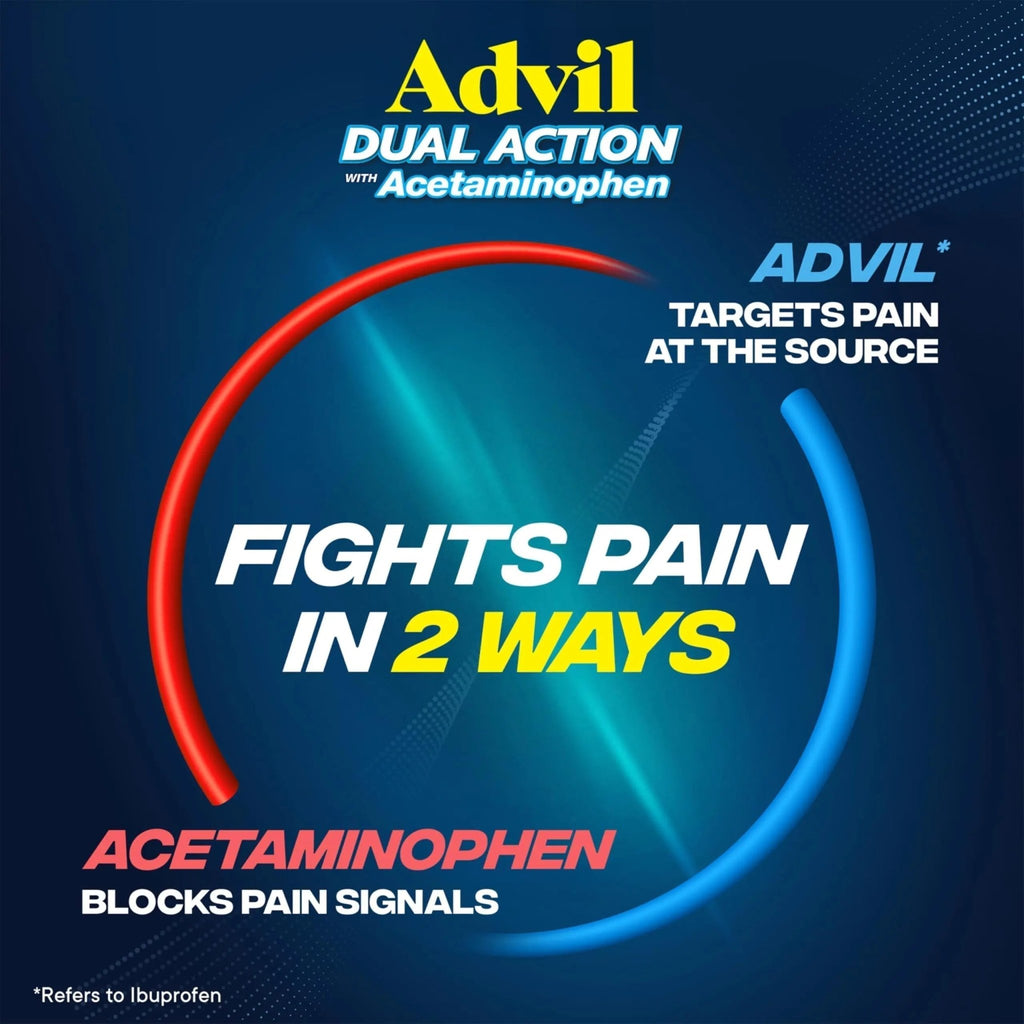 Advil Dual Action With Acetaminophen And Ibuprofen (2 Dose Equivalent) For 8 Hour Pain Relief, Coated 144 Ct Caplets And 2 Ct. Sample Of Advil PM - TrustMedUSA