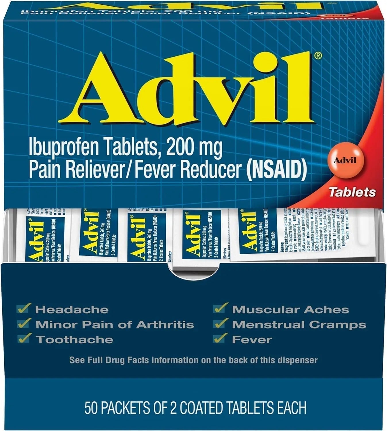 Advil Ibuprofen, 200mg (50 Packets of 2 Coated Tablets) 50 ea (Pack of 3) - TrustMedUSA