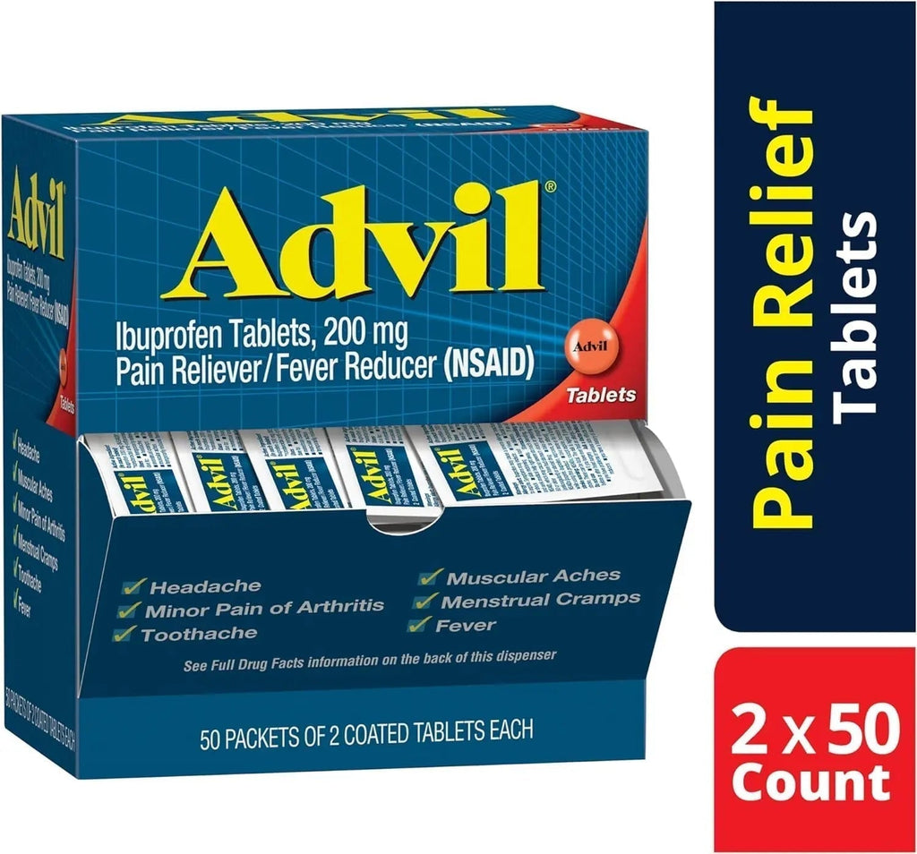 Advil Ibuprofen Tablets, 200 mg Pain Reliever/Fever Reducer (NSAID), 100 Tablets (50 Packets of 2 Tablets Each) - TrustMedUSA