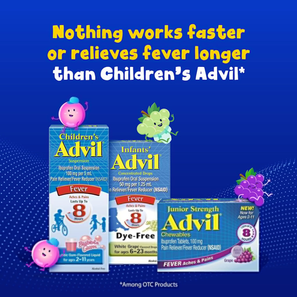 Advil Junior Strength Chewable Ibuprofen Pain Reliever and Fever Reducer, Children's Ibuprofen for Pain Relief, Grape - 24 Tablets - TrustMedUSA