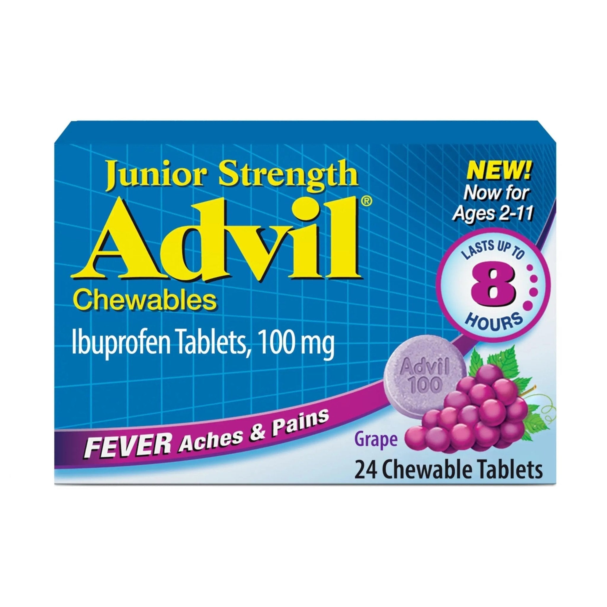 Advil Junior Strength Chewable Ibuprofen Pain Reliever and Fever Reducer, Children's Ibuprofen for Pain Relief, Grape - 24 Tablets - TrustMedUSA