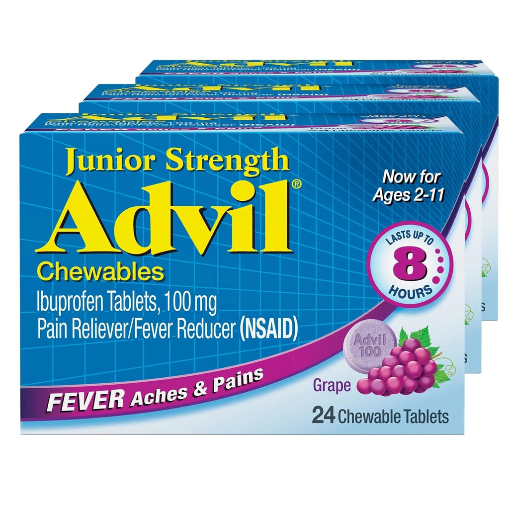 Advil Junior Strength Chewable Ibuprofen Pain Reliever and Fever Reducer, Children's Ibuprofen for Pain Relief, Grape - 24 Tablets (Pack of 3) - TrustMedUSA