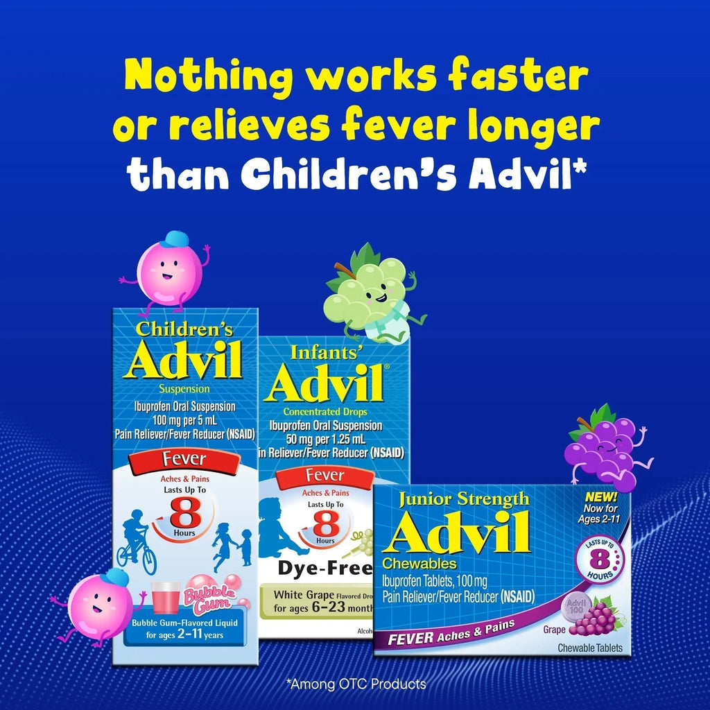 Advil Junior Strength Chewable Ibuprofen Pain Reliever and Fever Reducer, Children's Ibuprofen for Pain Relief, Grape - 24 Tablets (Pack of 3) - TrustMedUSA