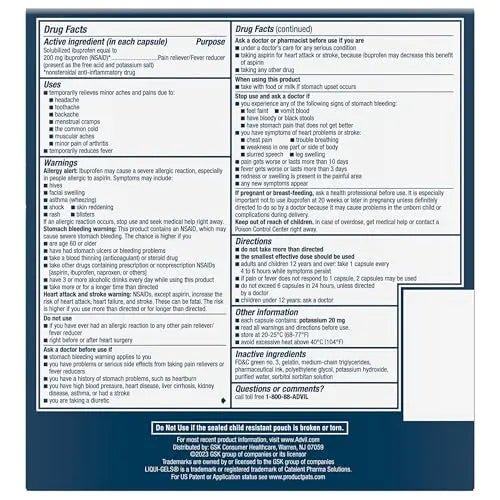 Advil Liqui-Gels minis Pain Reliever and Fever Reducer, Pain Medicine for Adults with Ibuprofen 200mg for Pain Relief - 50x2 Liquid Filled Capsules - TrustMedUSA