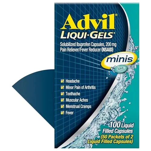 Advil Liqui-Gels minis Pain Reliever and Fever Reducer, Pain Medicine for Adults with Ibuprofen 200mg for Pain Relief - 50x2 Liquid Filled Capsules - TrustMedUSA