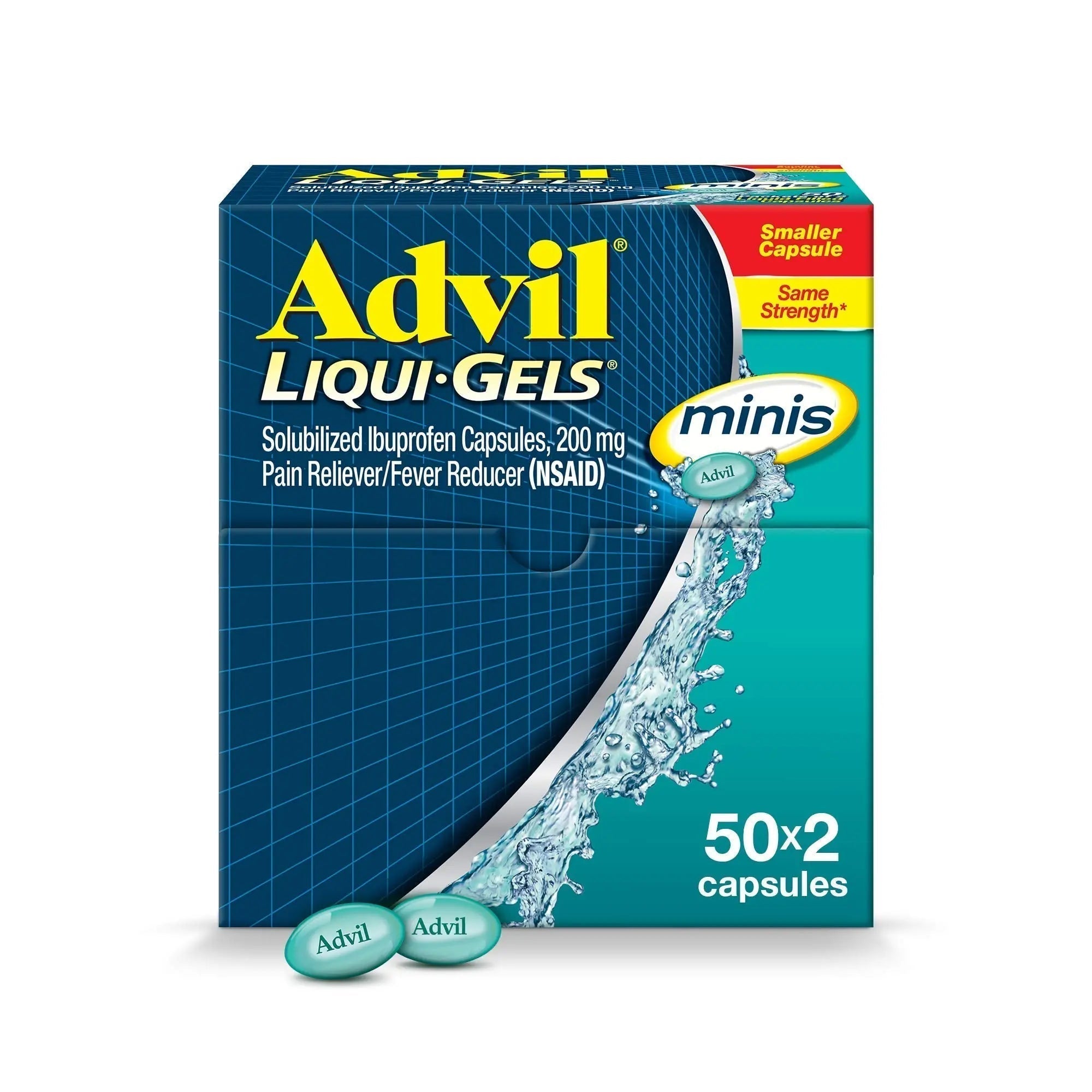 Advil Liqui-Gels minis Pain Reliever and Fever Reducer, Pain Medicine for Adults with Ibuprofen 200mg for Pain Relief - 50x2 Liquid Filled Capsules - TrustMedUSA