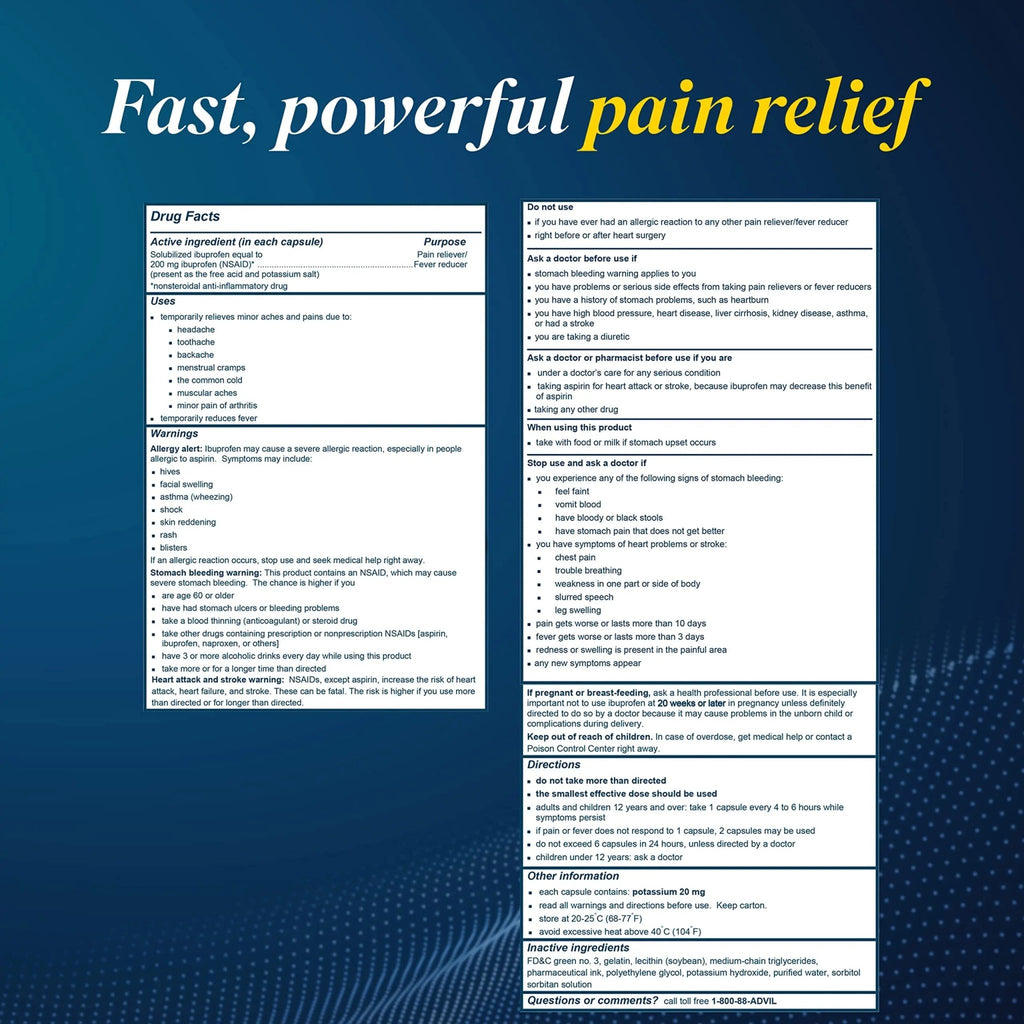 Advil Liqui-Gels Pain Reliever and Fever Reducer, Pain Medicine for Adults with Ibuprofen 200mg for Headache, Backache, Menstrual Pain and Joint Pain Relief - 50x2 Liquid Filled Capsules - TrustMedUSA