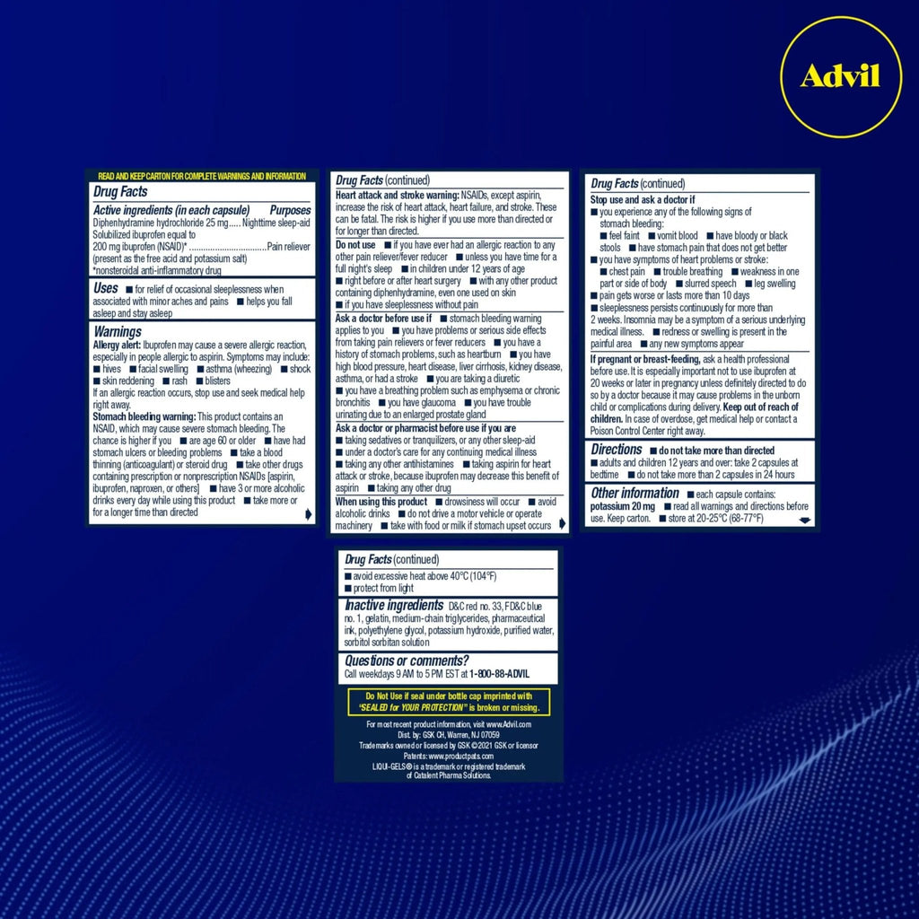 Advil PM Liqui-Gels Pain Reliever and Nighttime Sleep Aid, Pain Medicine with Ibuprofen for Pain Relief and Diphenhydramine HCL for a Sleep Aid - 2x80 Liquid Filled Capsules - TrustMedUSA