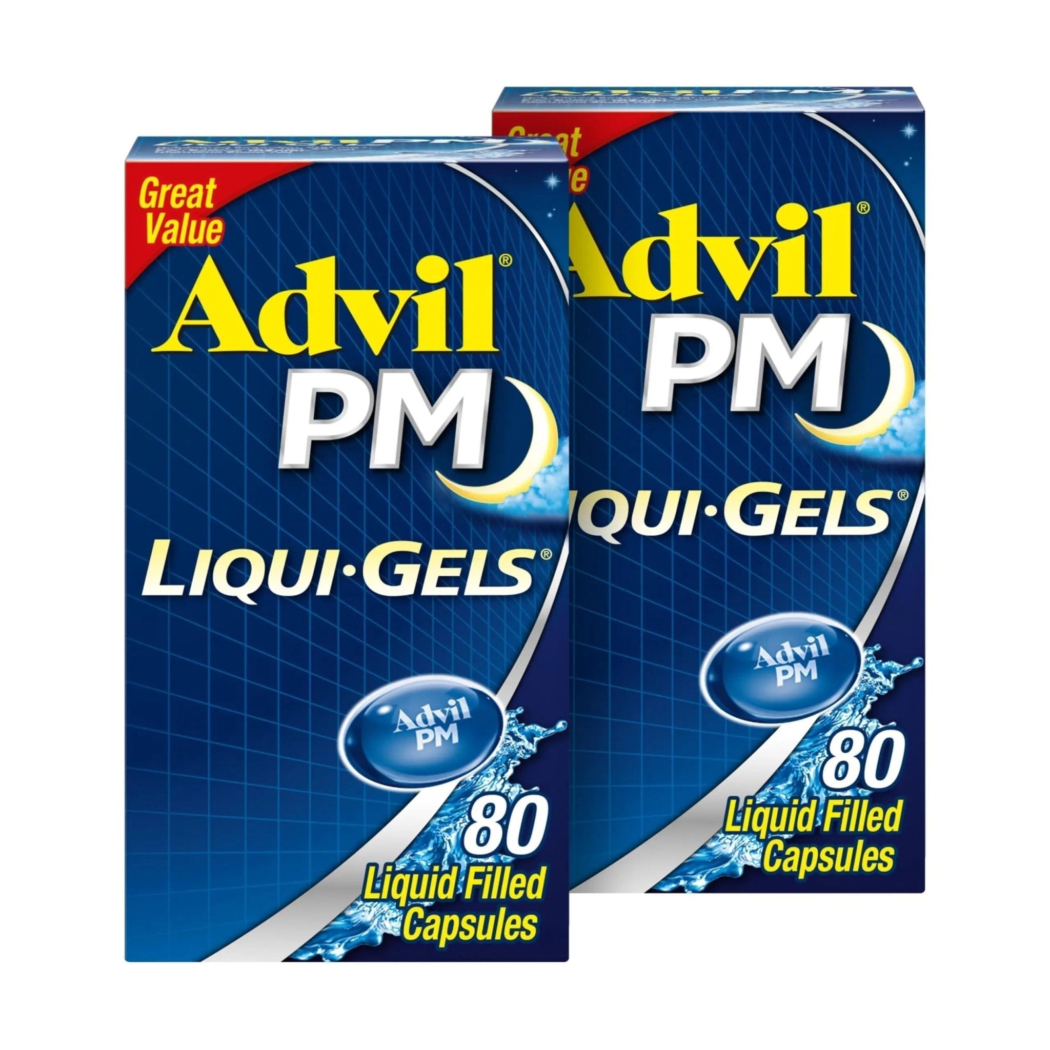 Advil PM Liqui-Gels Pain Reliever and Nighttime Sleep Aid, Pain Medicine with Ibuprofen for Pain Relief and Diphenhydramine HCL for a Sleep Aid - 2x80 Liquid Filled Capsules - TrustMedUSA