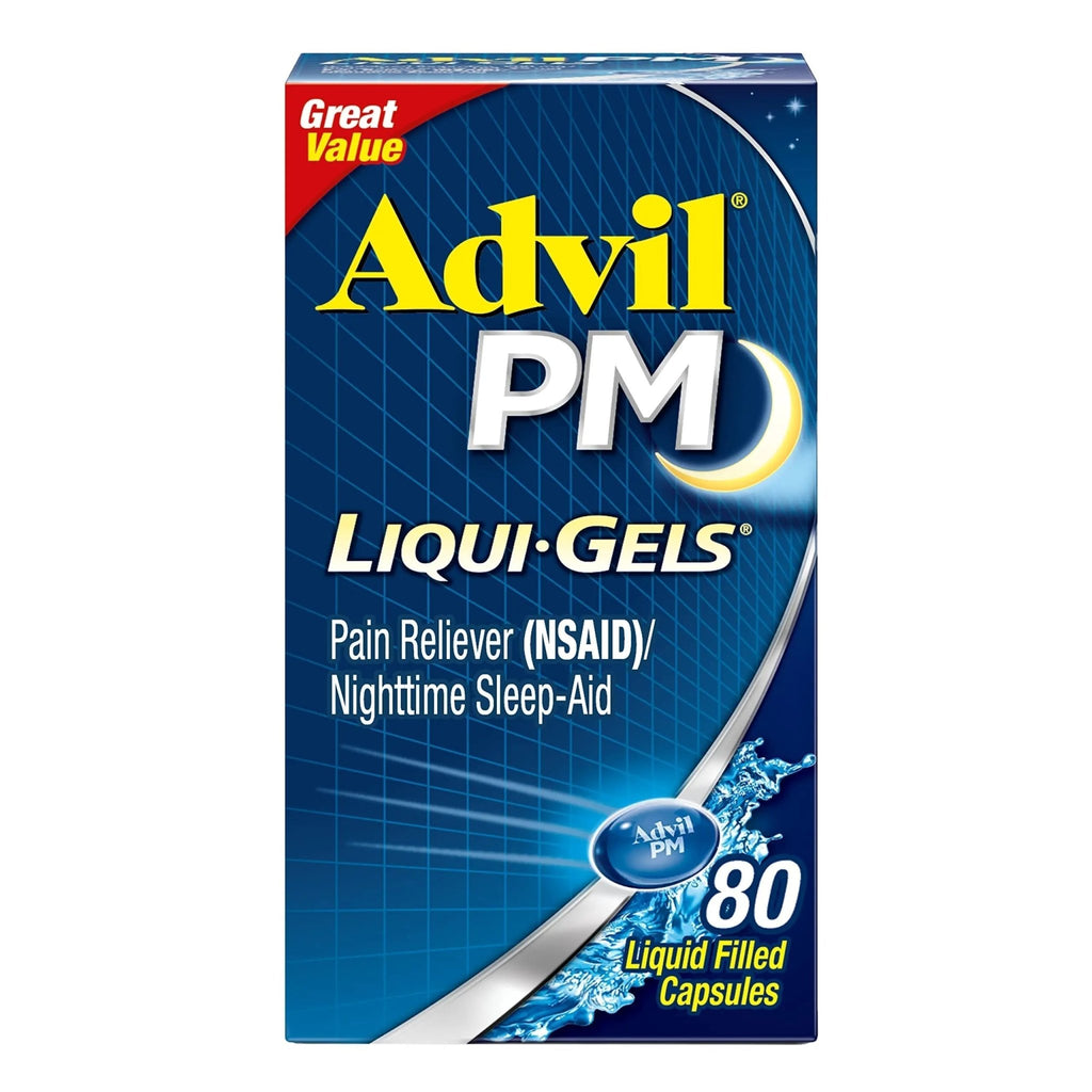 Advil PM Liqui-Gels Pain Reliever and Nighttime Sleep Aid, Pain Medicine with Ibuprofen for Pain Relief and Diphenhydramine HCL for a Sleep Aid - 80 Liquid Filled Capsules - Back to College - TrustMedUSA
