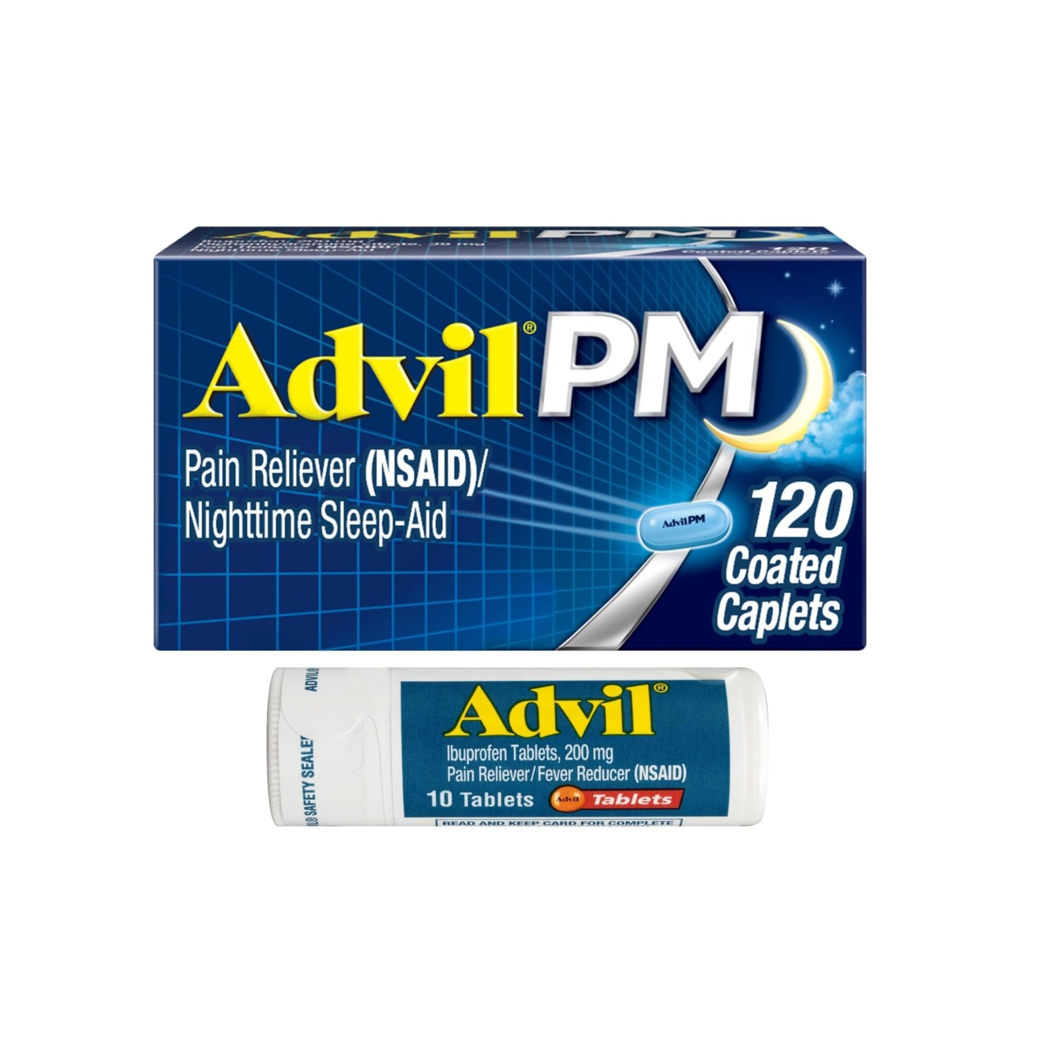 Advil PM Pain Reliever and Nighttime Sleep Aid, Ibuprofen for Pain Relief and Diphenhydramine Citrate for a Sleep Aid - 120 Coated Caplets and Pain Reliever and Fever Reducer, 10 Count Tablets - Maple Wellness Supplements