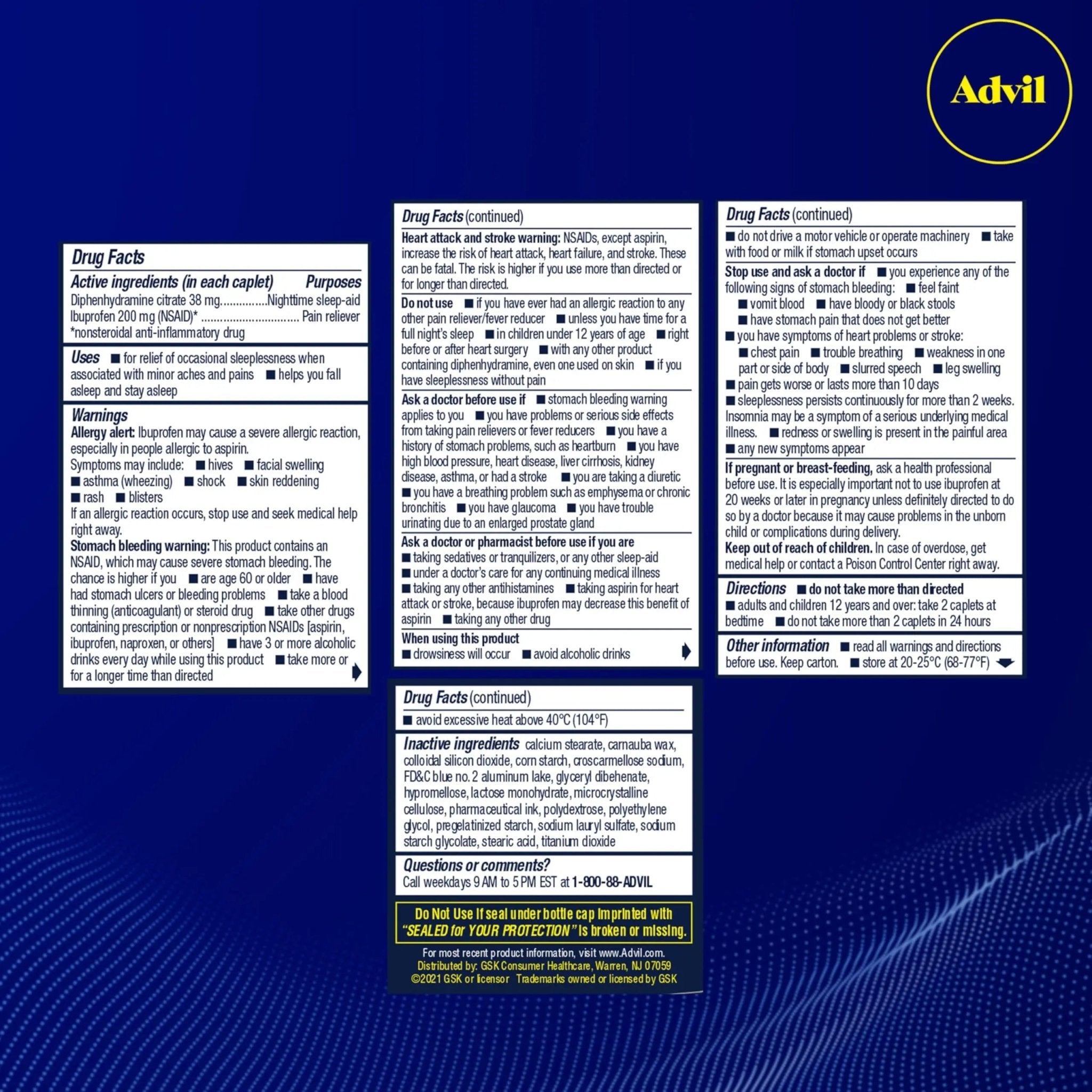 Advil PM Pain Reliever and Nighttime Sleep Aid, Pain Medicine with Ibuprofen for Pain Relief and Diphenhydramine Citrate for A Sleep Aid - 120 Coated Caplets (Pack of 2) - TrustMedUSA