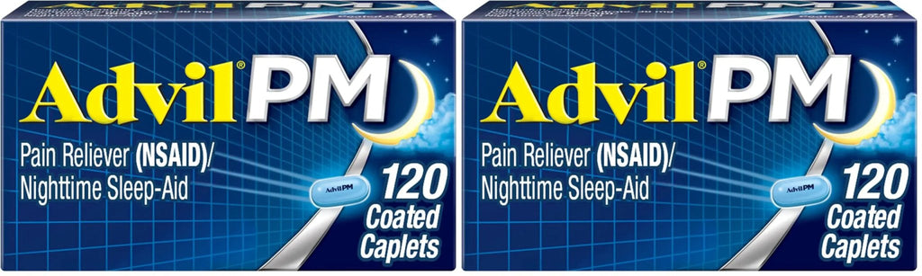 Advil PM Pain Reliever and Nighttime Sleep Aid, Pain Medicine with Ibuprofen for Pain Relief and Diphenhydramine Citrate for A Sleep Aid - 120 Coated Caplets (Pack of 2) - TrustMedUSA