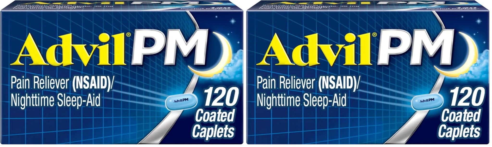 Advil PM Pain Reliever and Nighttime Sleep Aid, Pain Medicine with Ibuprofen for Pain Relief and Diphenhydramine Citrate for A Sleep Aid - 120 Coated Caplets (Pack of 2) - TrustMedUSA