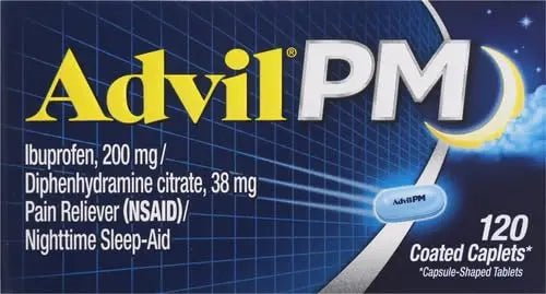 Advil PM Pain Reliever and Nighttime Sleep Aid, Pain Medicine with Ibuprofen for Pain Relief and Diphenhydramine Citrate for A Sleep Aid - 120 Coated Caplets (Pack of 2) - TrustMedUSA