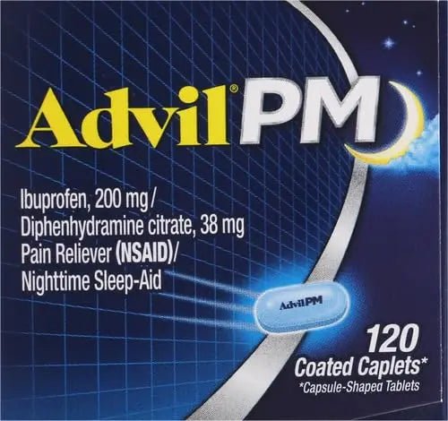 Advil PM Pain Reliever and Nighttime Sleep Aid, Pain Medicine with Ibuprofen for Pain Relief and Diphenhydramine Citrate for A Sleep Aid - 120 Coated Caplets (Pack of 2) - TrustMedUSA