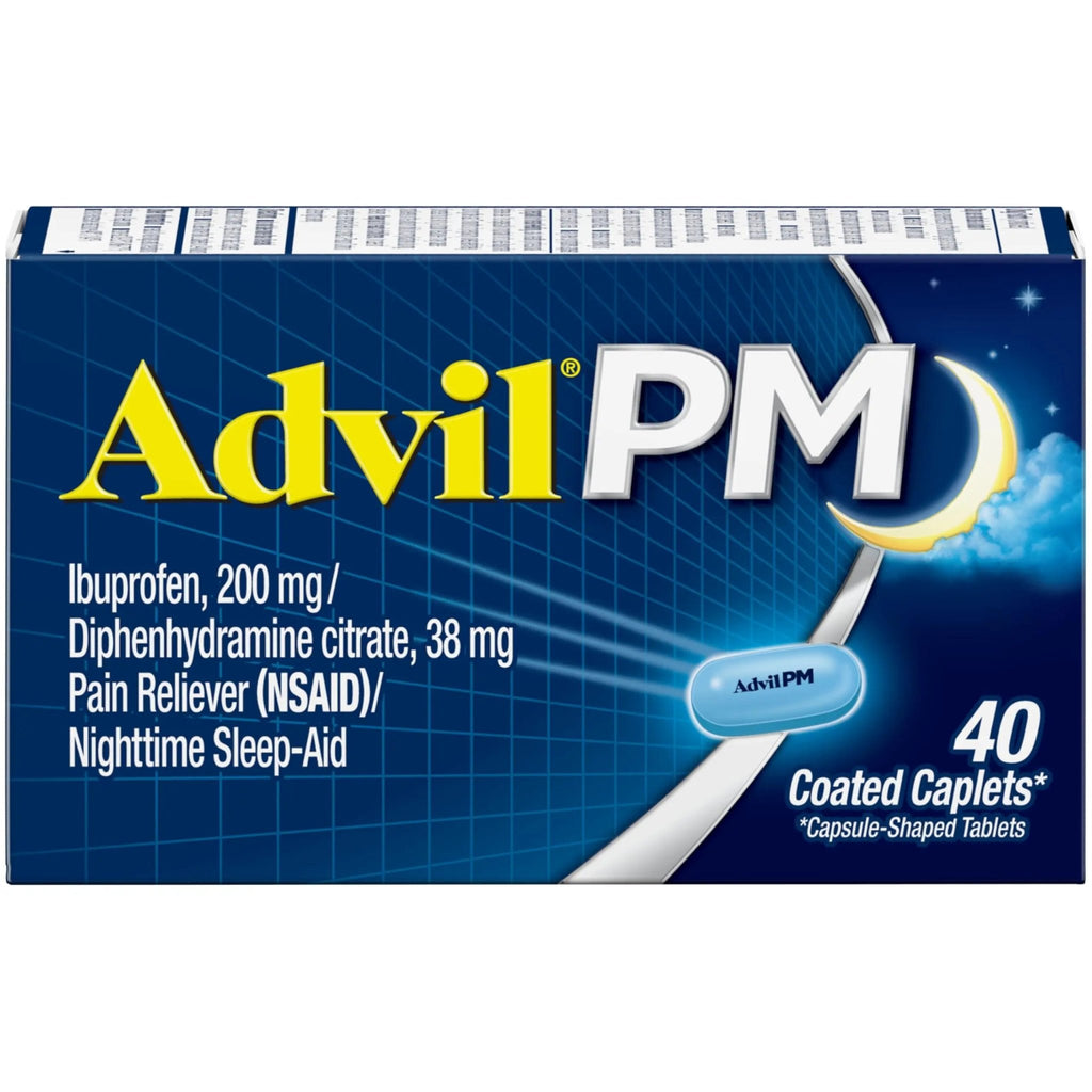 Advil PM Pain Reliever and Nighttime Sleep Aid, Pain Medicine with Ibuprofen for Pain Relief and Diphenhydramine Citrate for a Sleep Aid - 40 Coated Caplets - TrustMedUSA