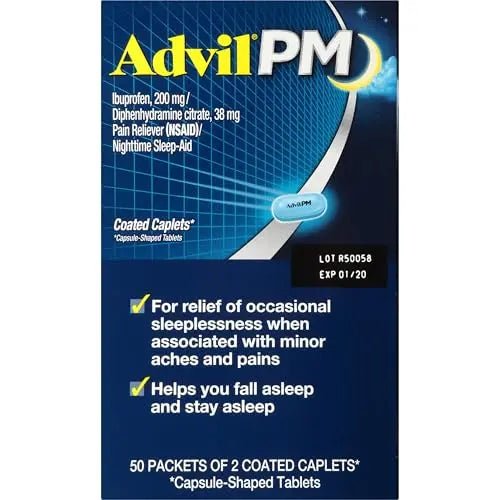 Advil PM Pain Reliever and Nighttime Sleep Aid, Pain Medicine with Ibuprofen for Pain Relief and Diphenhydramine Citrate for a Sleep Aid - 50x2 Coated Caplets - TrustMedUSA