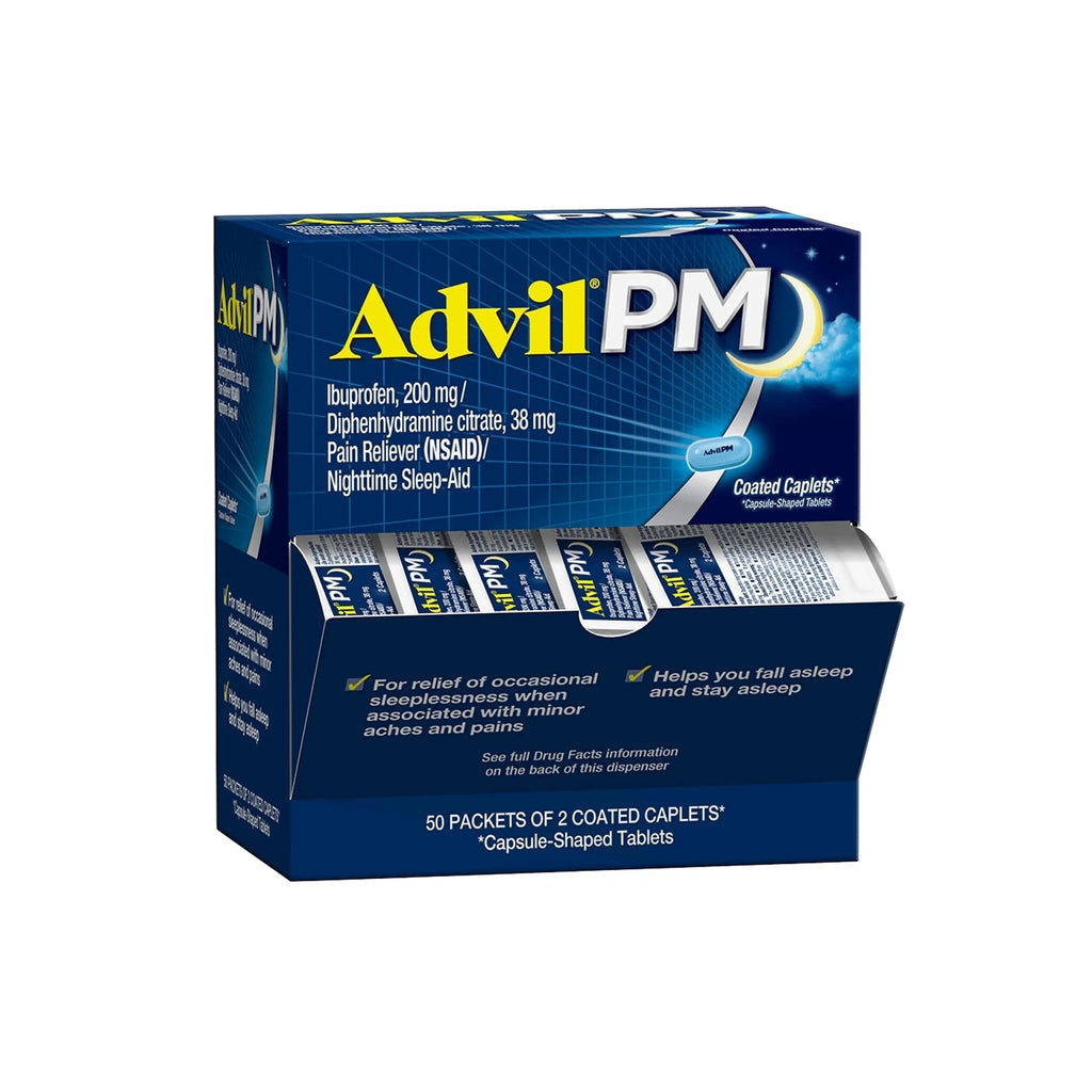 Advil PM Pain Reliever and Nighttime Sleep Aid, Pain Medicine with Ibuprofen for Pain Relief and Diphenhydramine Citrate for a Sleep Aid - 50x2 Coated Caplets - TrustMedUSA