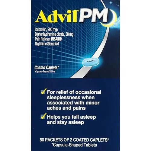 Advil PM Pain Reliever and Nighttime Sleep Aid, Pain Medicine with Ibuprofen for Pain Relief and Diphenhydramine Citrate for a Sleep Aid - 50x2 Coated Caplets - TrustMedUSA