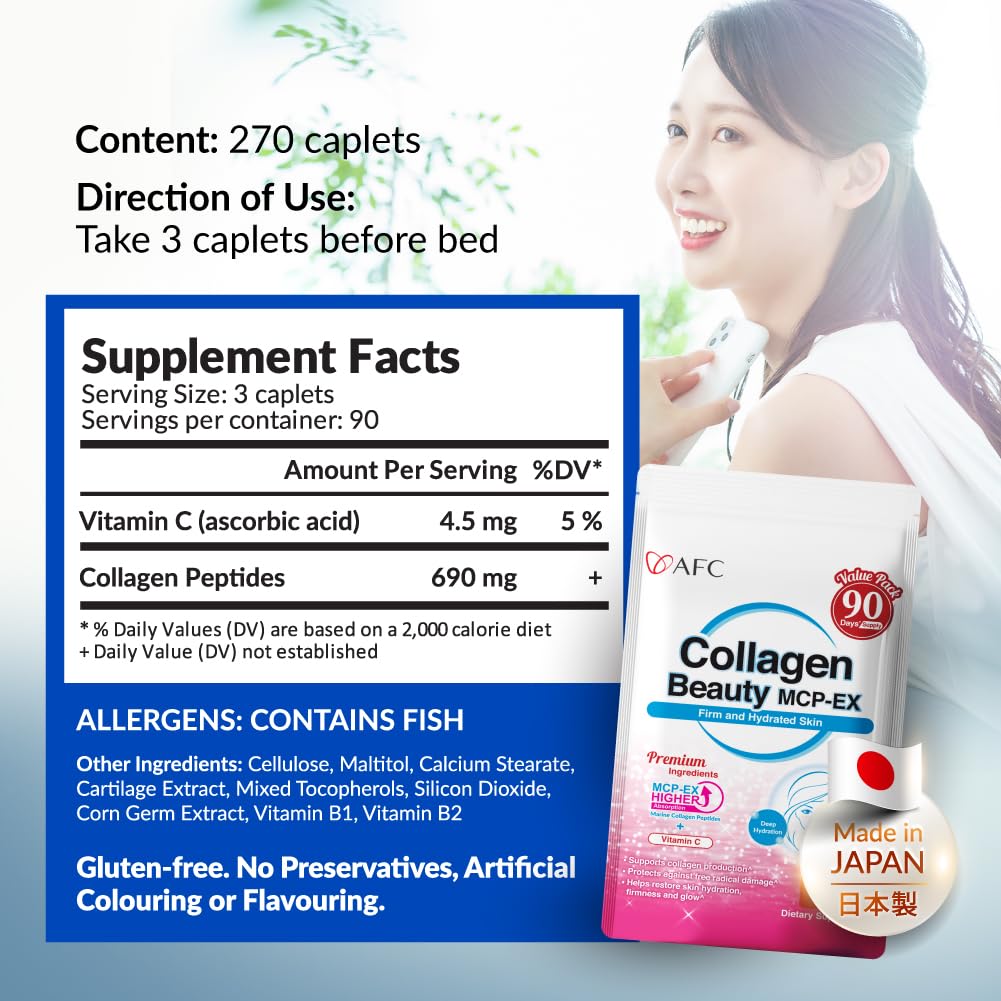 AFC Japan Collagen Beauty MCP-EX with Marine Collagen Peptide, 1.5X Better Absorption Than Other Collagen, for Anti-Aging, Skin, Hair, Nails, Bone and Joints, for Women & Men, 90 Days Supply - Maple Wellness Supplements