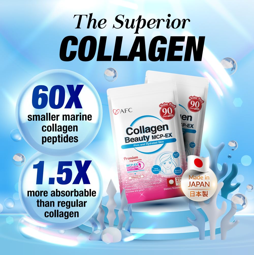 AFC Japan Collagen Beauty MCP-EX with Marine Collagen Peptide, 1.5X Better Absorption Than Other Collagen, for Anti-Aging, Skin, Hair, Nails, Bone and Joints, for Women & Men, 90 Days Supply - Maple Wellness Supplements