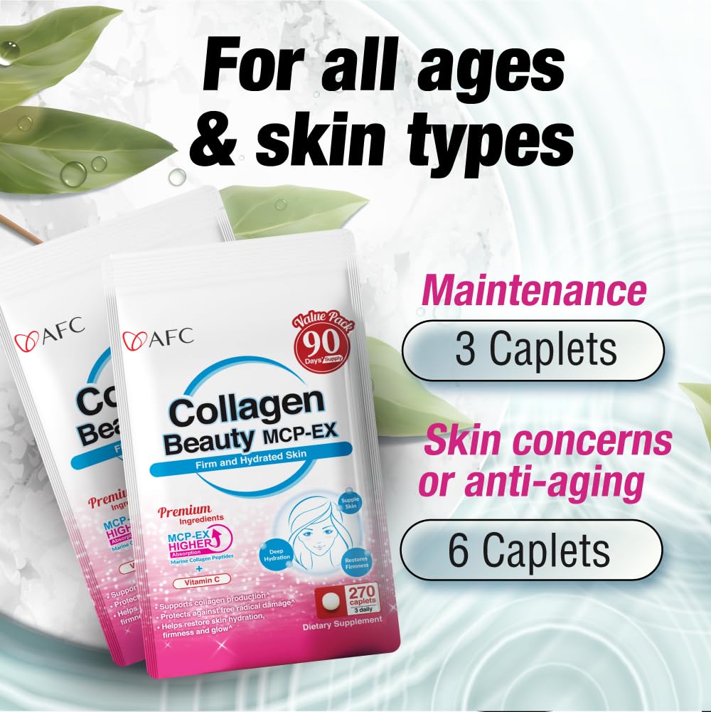 AFC Japan Collagen Beauty MCP-EX with Marine Collagen Peptide, 1.5X Better Absorption Than Other Collagen, for Anti-Aging, Skin, Hair, Nails, Bone and Joints, for Women & Men, 90 Days Supply - Maple Wellness Supplements