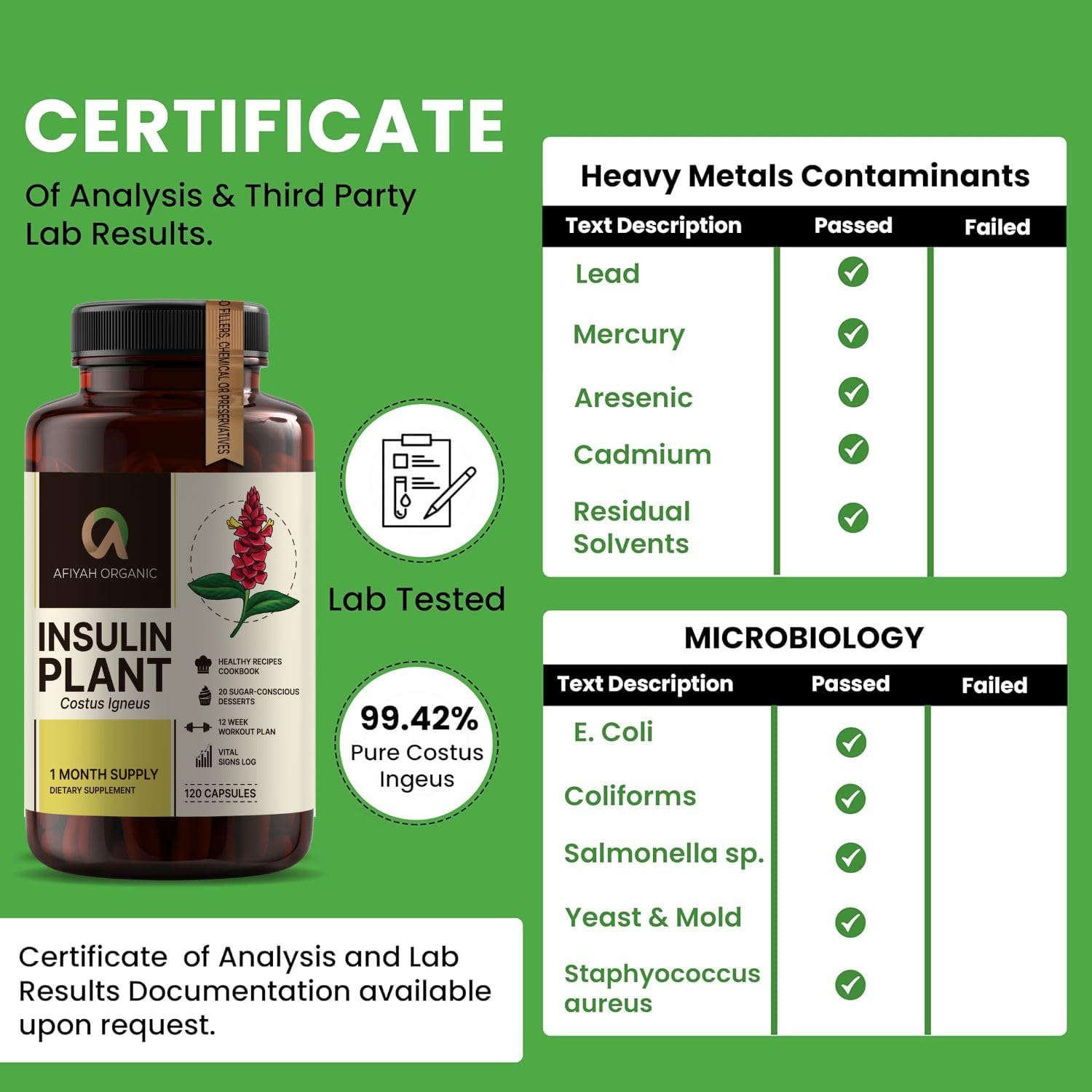Afiyah Organic - Premium Quality Costus Igneus (Insulin Plant) Capsules - Easy to Swallow 120 Veggie Capsules (1 Month Supply) - Made in the USA - Including Complete Health Support Program - TrustMedUSA
