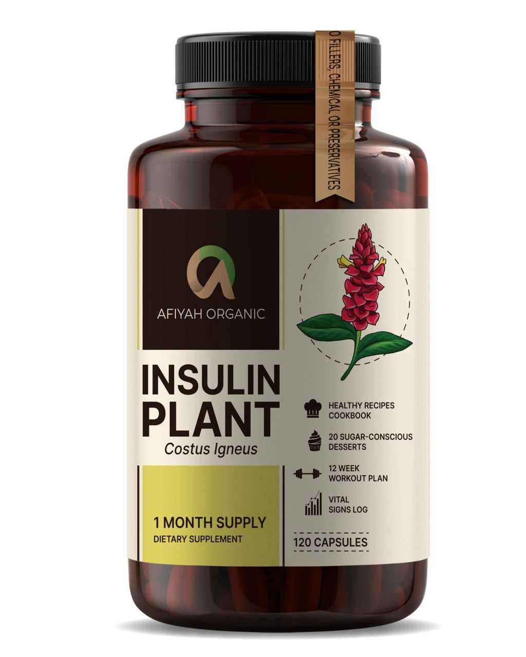Afiyah Organic - Premium Quality Costus Igneus (Insulin Plant) Capsules - Easy to Swallow 120 Veggie Capsules (1 Month Supply) - Made in the USA - Including Complete Health Support Program - TrustMedUSA