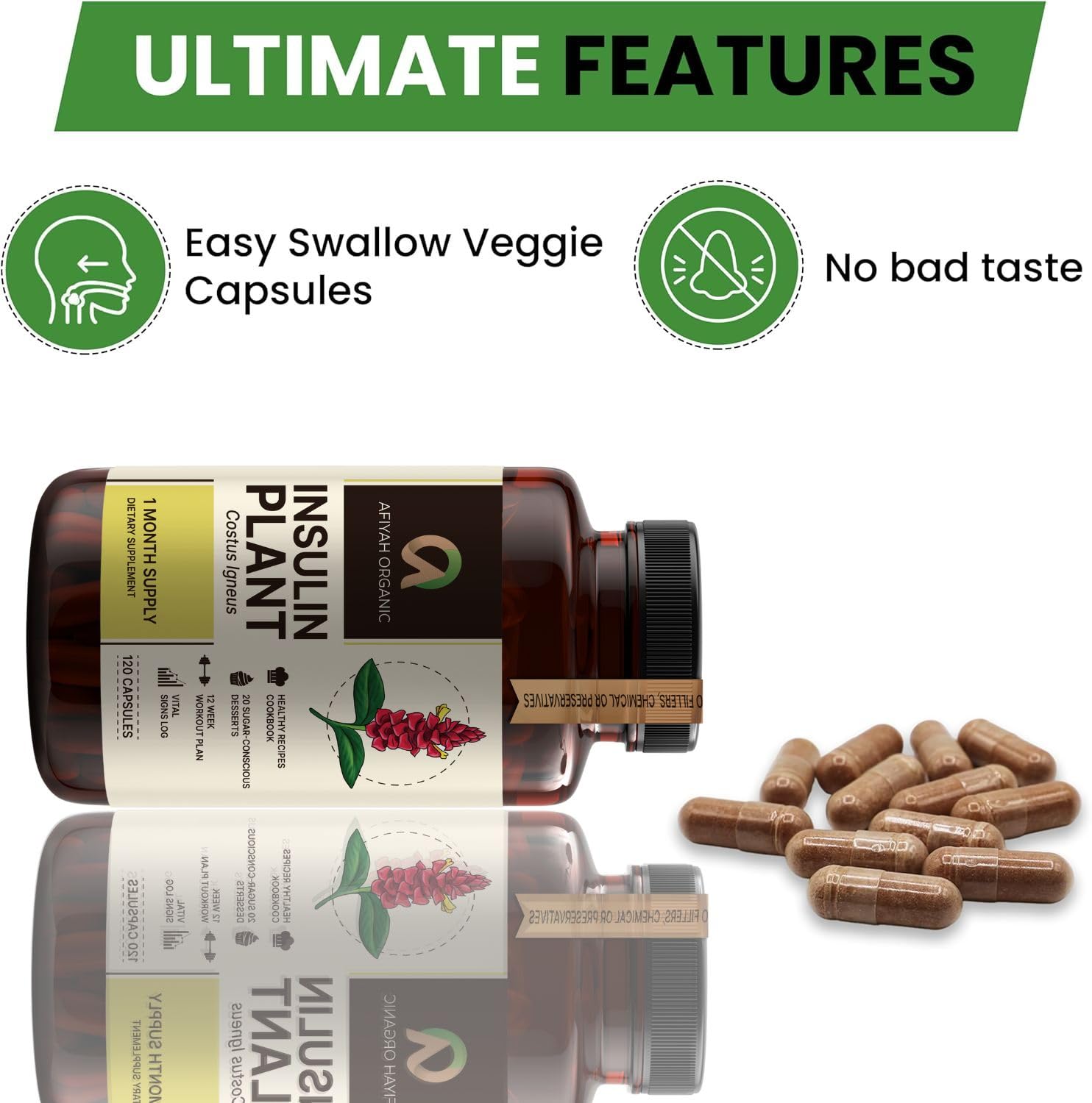 Afiyah Organic - Premium Quality Costus Igneus (Insulin Plant) Capsules - Easy to Swallow 120 Veggie Capsules (1 Month Supply) - Made in the USA - Including Complete Health Support Program - TrustMedUSA
