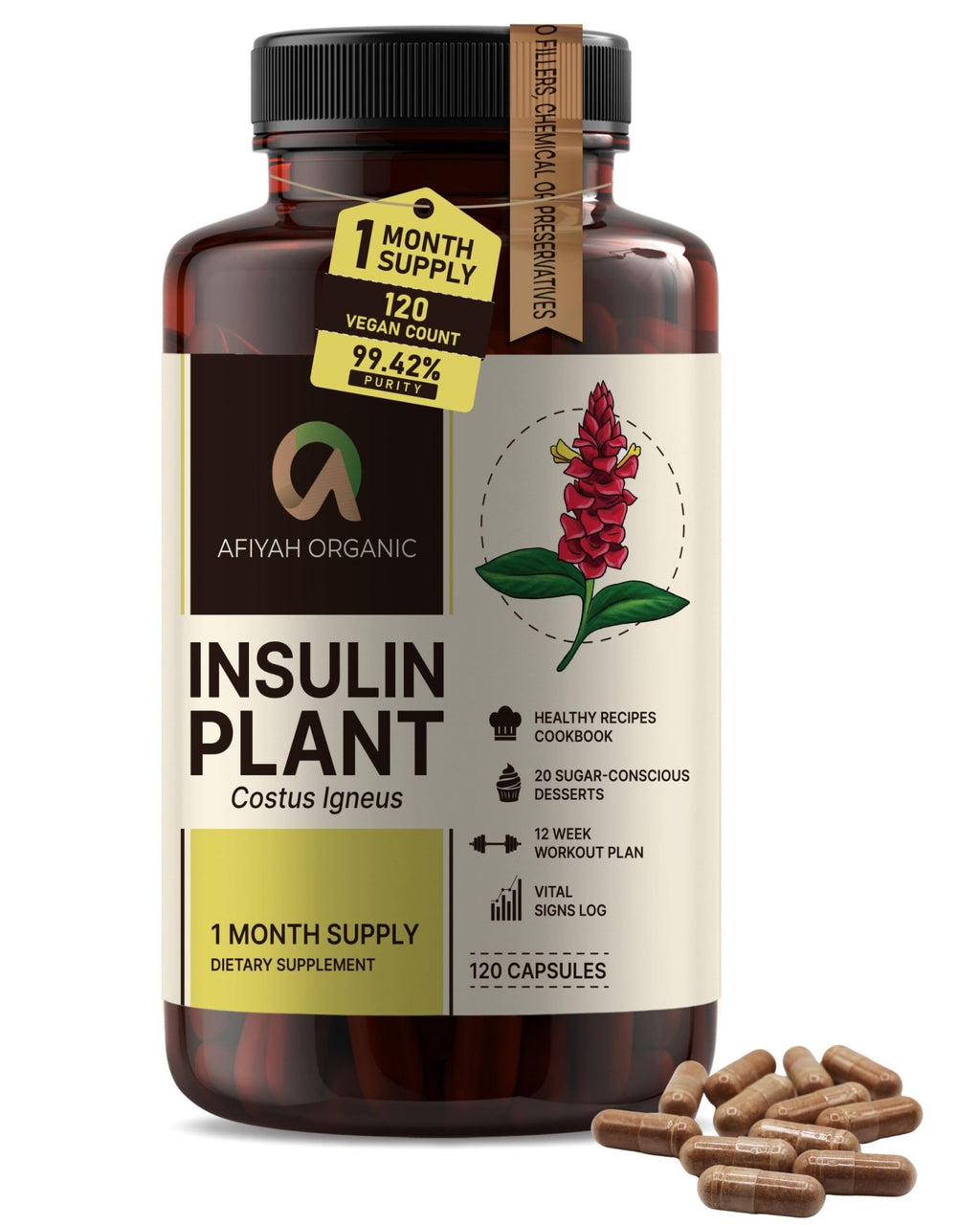 Afiyah Organic - Premium Quality Costus Igneus (Insulin Plant) Capsules - Easy to Swallow 120 Veggie Capsules (1 Month Supply) - Made in the USA - Including Complete Health Support Program - TrustMedUSA