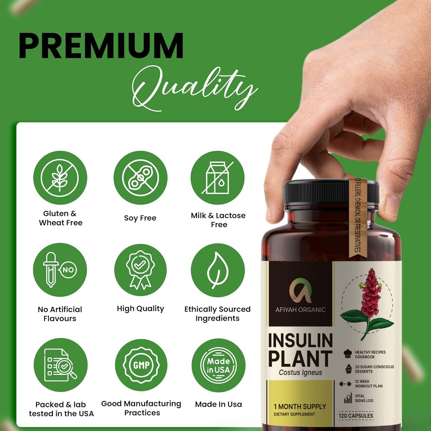 Afiyah Organic - Premium Quality Costus Igneus (Insulin Plant) Capsules - Easy to Swallow 120 Veggie Capsules (1 Month Supply) - Made in the USA - Including Complete Health Support Program - TrustMedUSA