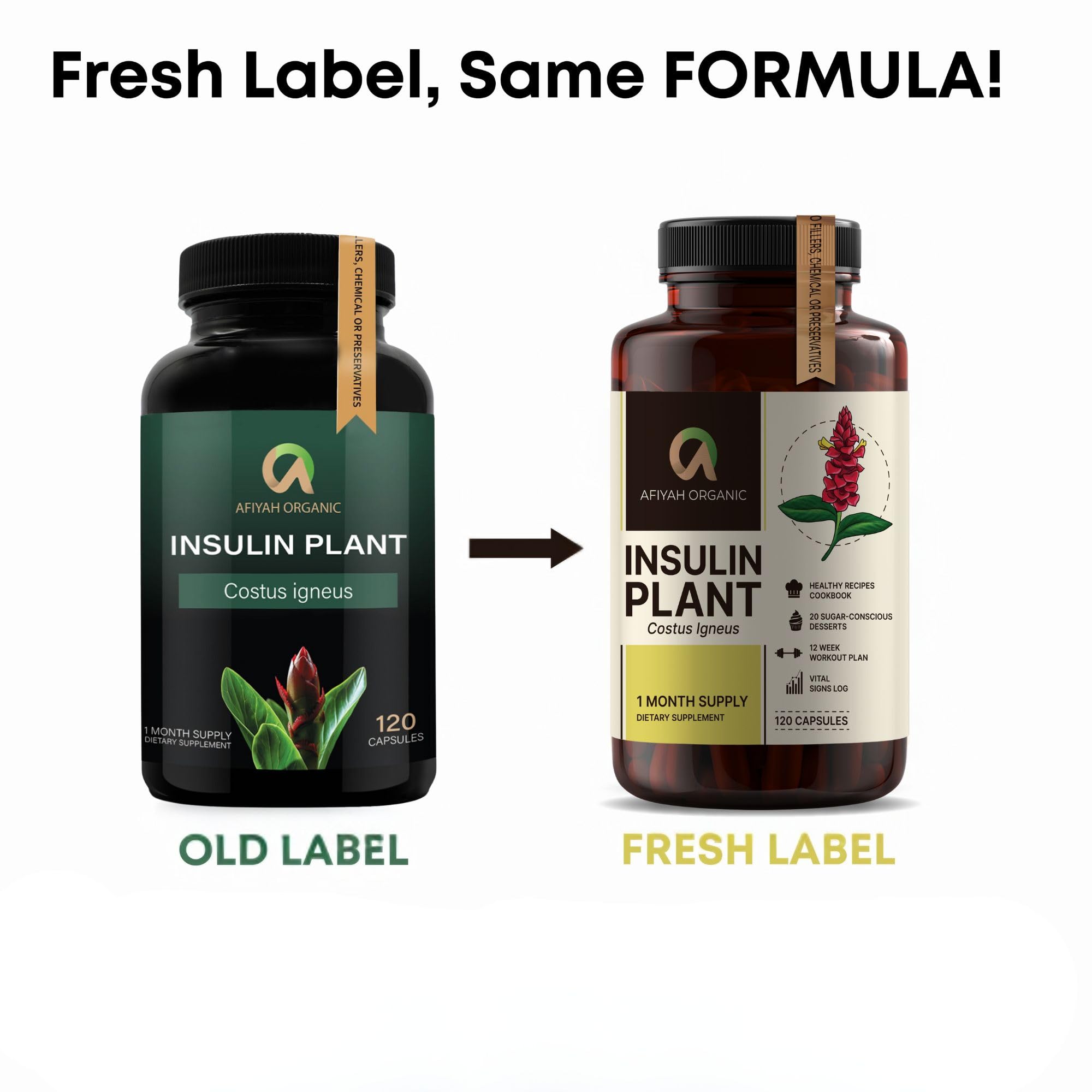 Afiyah Organic - Premium Quality Costus Igneus (Insulin Plant) Capsules - Easy to Swallow 120 Veggie Capsules (1 Month Supply) - Made in the USA - Including Complete Health Support Program - TrustMedUSA