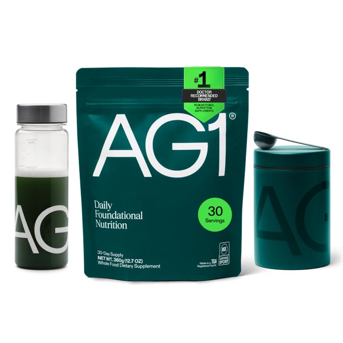 AG1 Greens Powder Supplement Bundle w/Stainless Steel Storage Canister – Multivitamin, Probiotic & Superfood Blend | Gut Health & Daily Wellness Support | Includes Shaker & Scoop | Vegan, Gluten-Free - TrustMedUSA