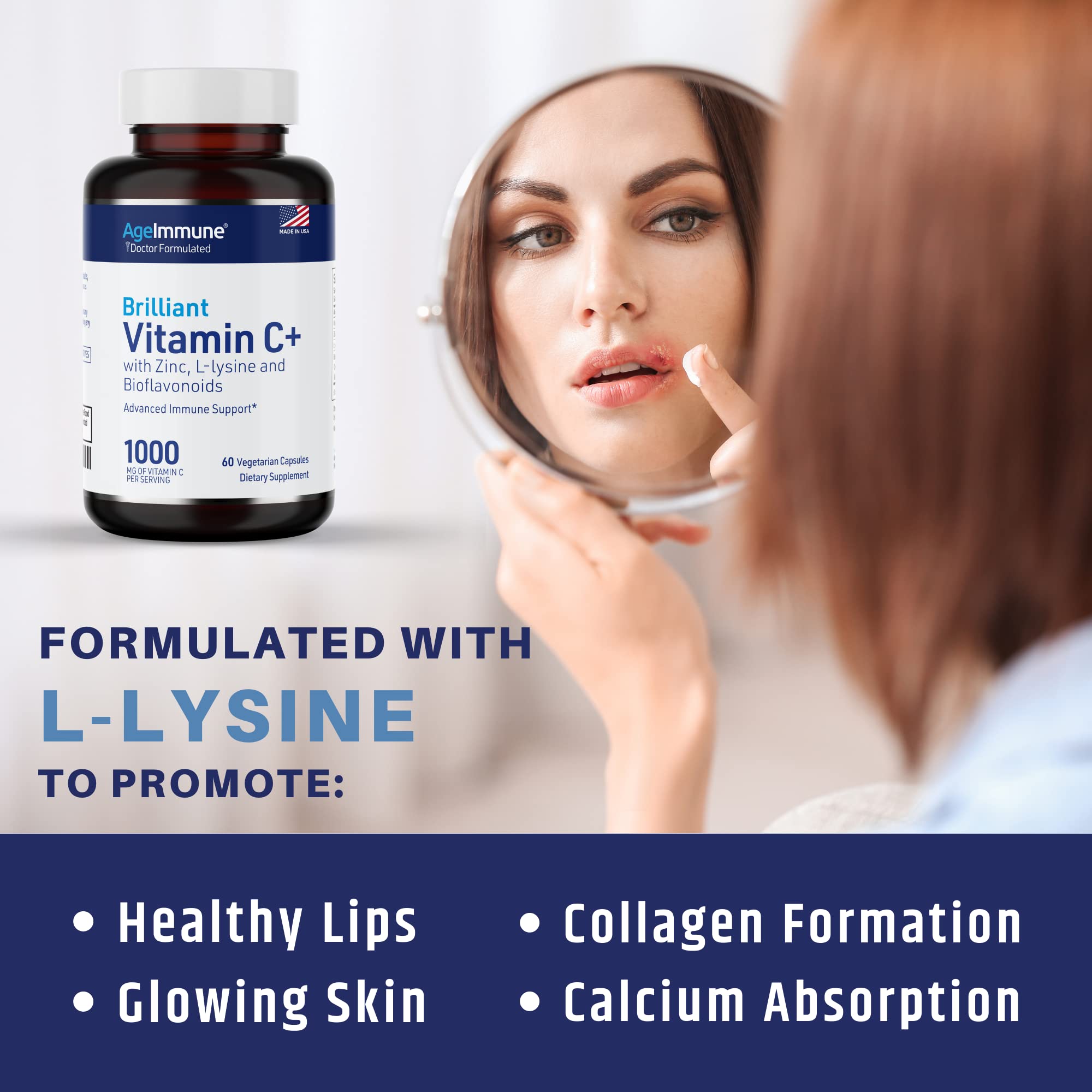 AgeImmune Vitamin C 1000mg Complex with L-Lysine 500mg, Zinc 12mg, Bioflavonoids 300mg. Doctor Formulated Magnesium Stearate Free Supplements for Healthy Immune System Support.(1) - Maple Wellness Supplements