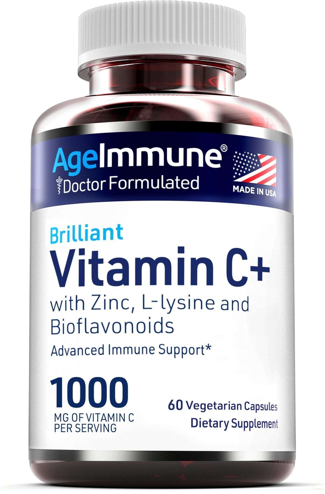 AgeImmune Vitamin C 1000mg Complex with L-Lysine 500mg, Zinc 12mg, Bioflavonoids 300mg. Doctor Formulated Magnesium Stearate Free Supplements for Healthy Immune System Support.(1) - Maple Wellness Supplements