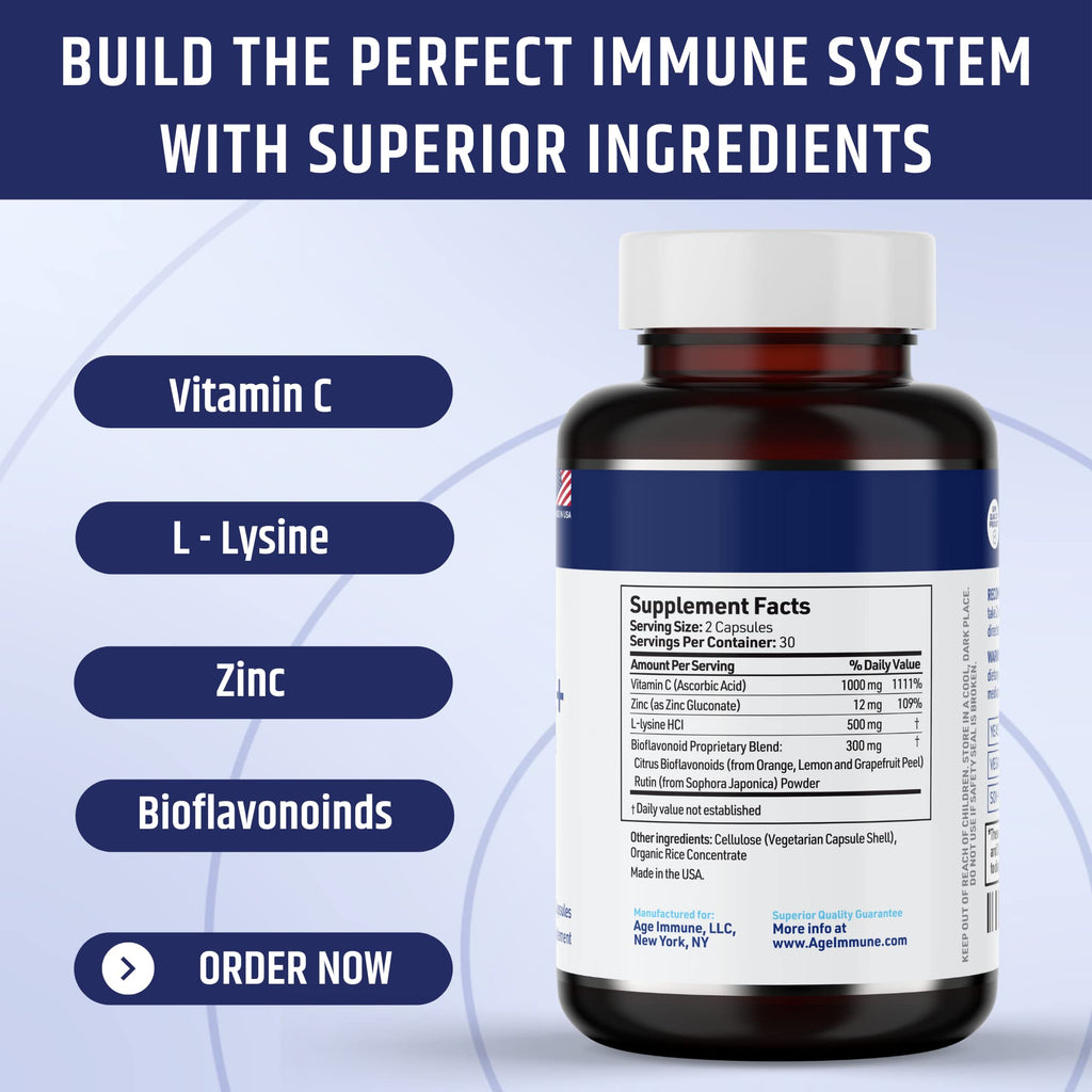 AgeImmune Vitamin C 1000mg Complex with L-Lysine 500mg, Zinc 12mg, Bioflavonoids 300mg. Doctor Formulated Magnesium Stearate Free Supplements for Healthy Immune System Support.(1) - Maple Wellness Supplements