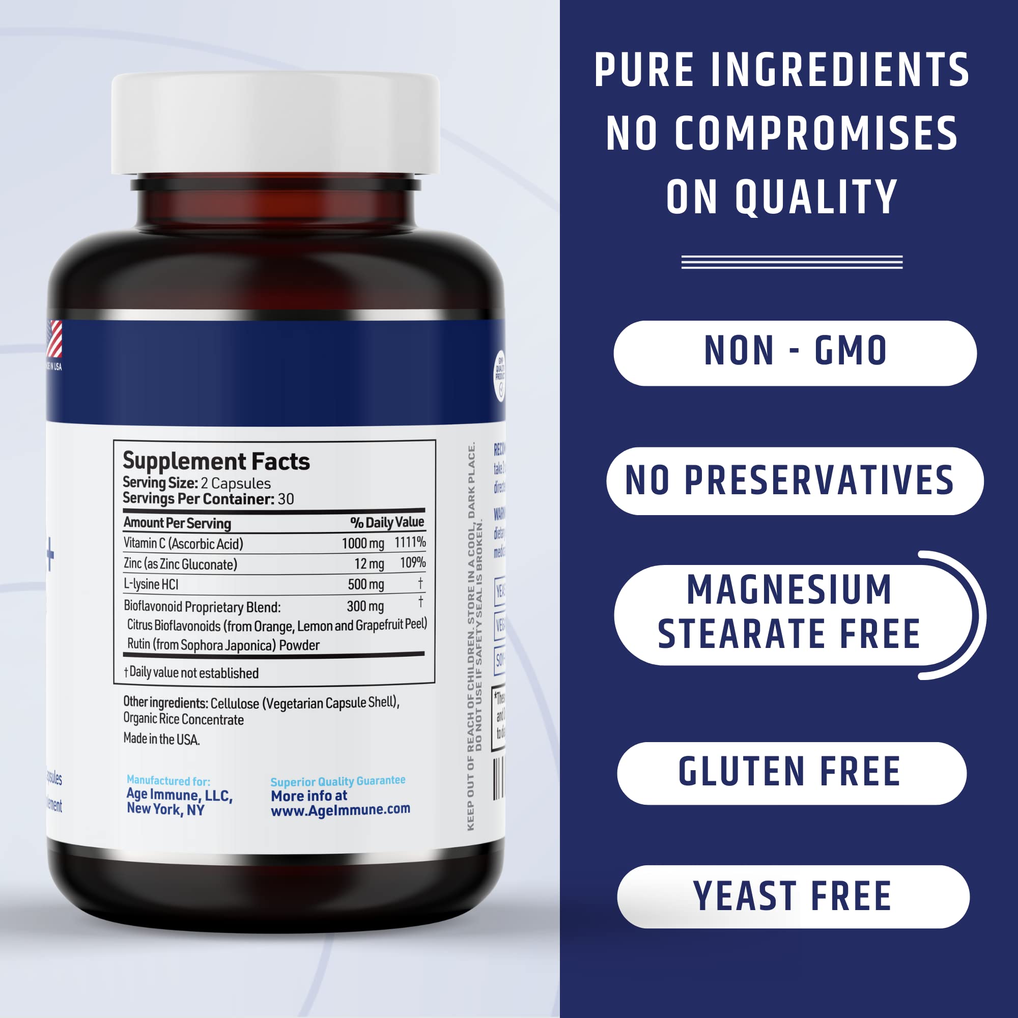 AgeImmune Vitamin C 1000mg Complex with L-Lysine 500mg, Zinc 12mg, Bioflavonoids 300mg. Doctor Formulated Magnesium Stearate Free Supplements for Healthy Immune System Support.(1) - Maple Wellness Supplements