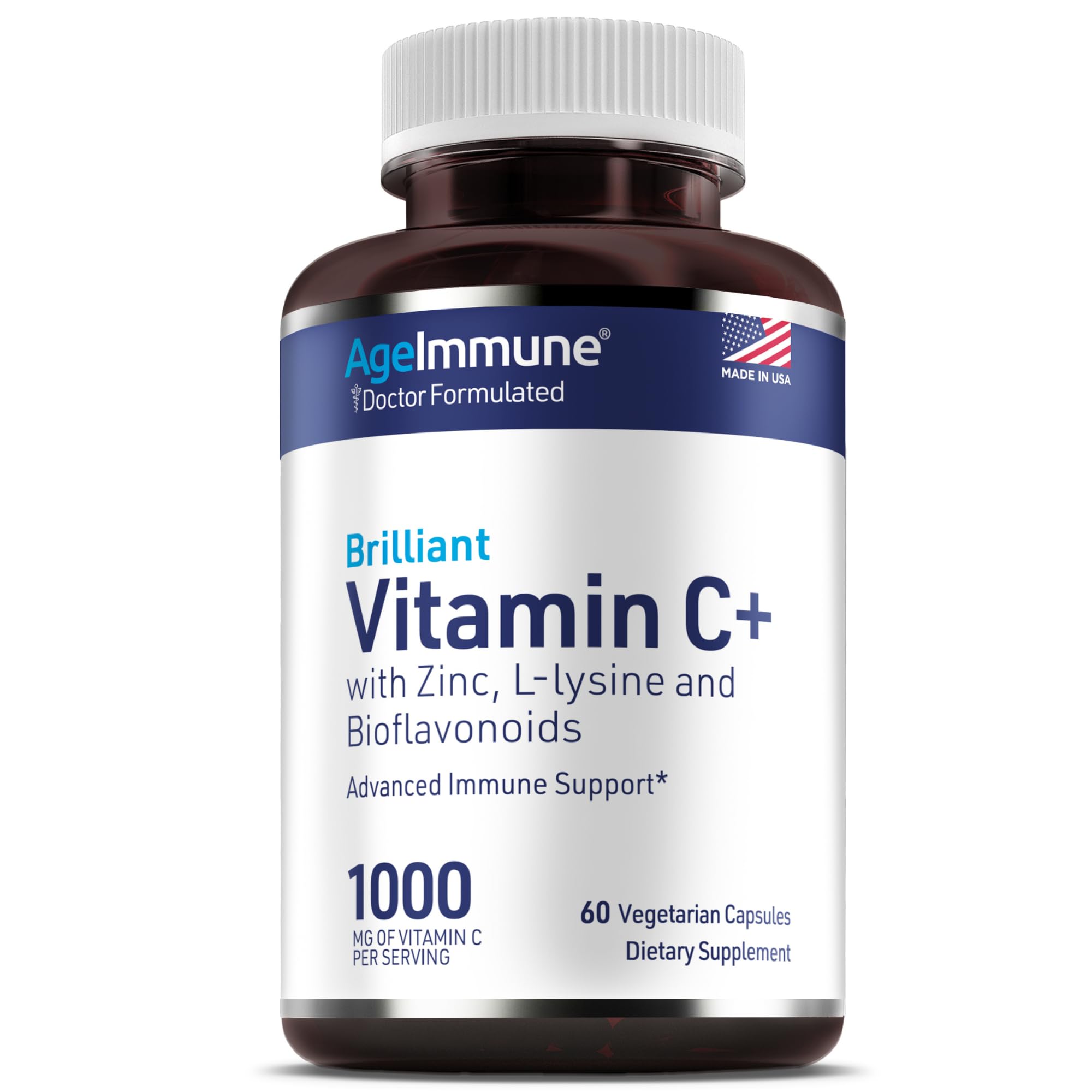 AgeImmune Vitamin C 1000mg Complex with L-Lysine 500mg, Zinc 12mg, Bioflavonoids 300mg. Doctor Formulated Magnesium Stearate Free Supplements for Healthy Immune System Support.(1) - Maple Wellness Supplements