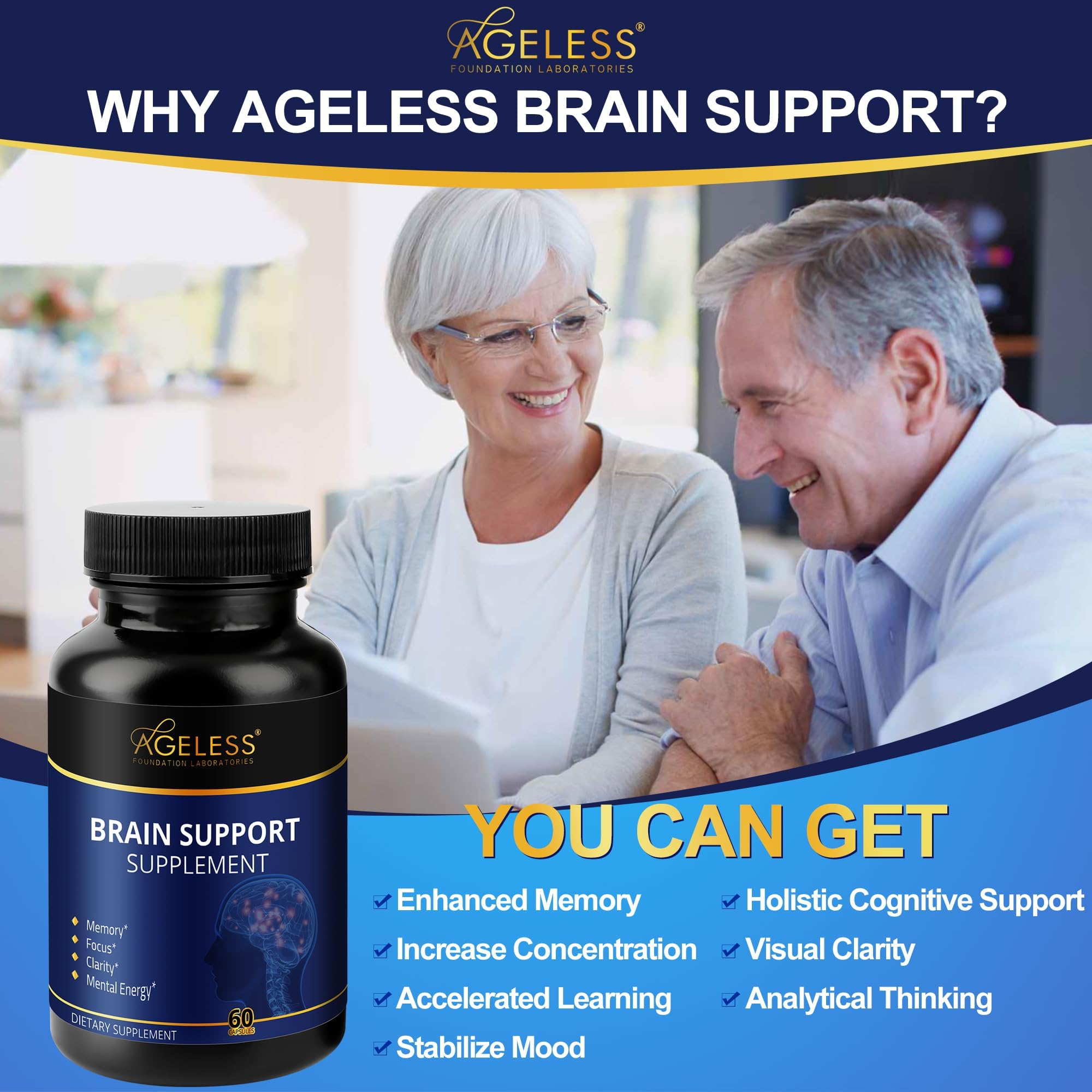 Ageless Brain Supplements for Memory and Focus 1000 MG | Cognitive Improvement | Formulated with Clinically Studied Ingredients | Support Mental Clarity & Neuro Health | Vitamin B6, B12, 60 Capsules - TrustMedUSA