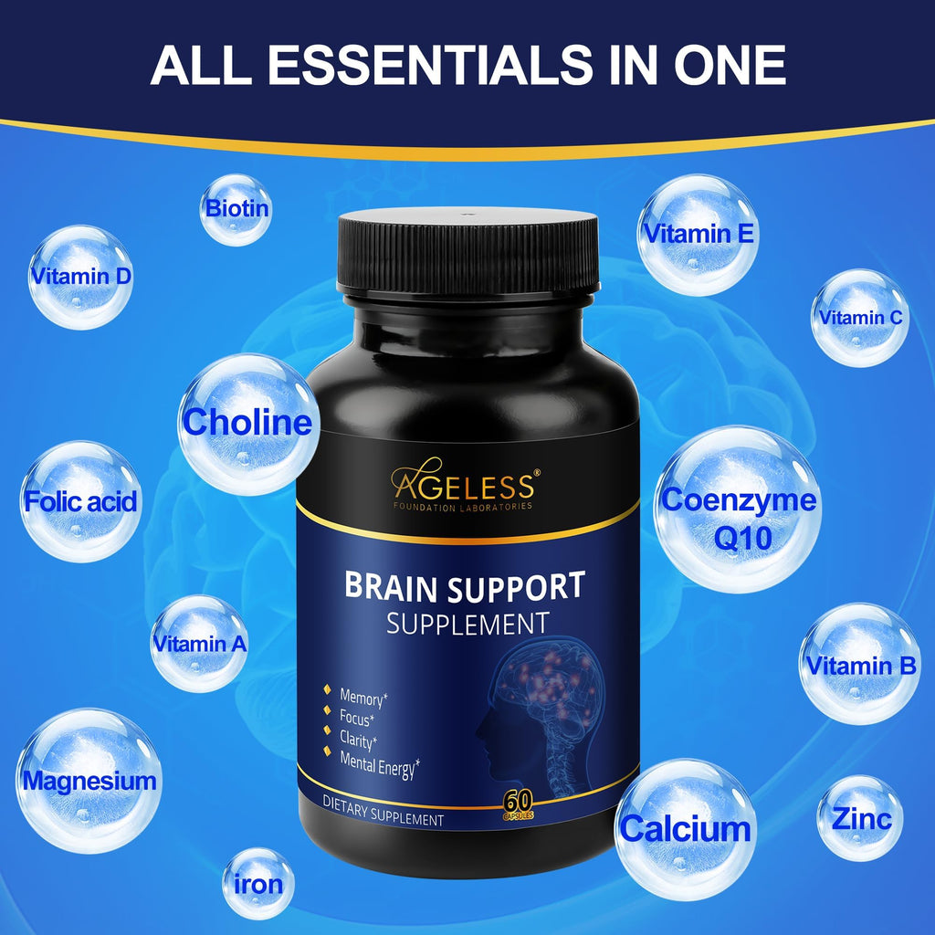Ageless Brain Supplements for Memory and Focus 1000 MG | Cognitive Improvement | Formulated with Clinically Studied Ingredients | Support Mental Clarity & Neuro Health | Vitamin B6, B12, 60 Capsules - TrustMedUSA