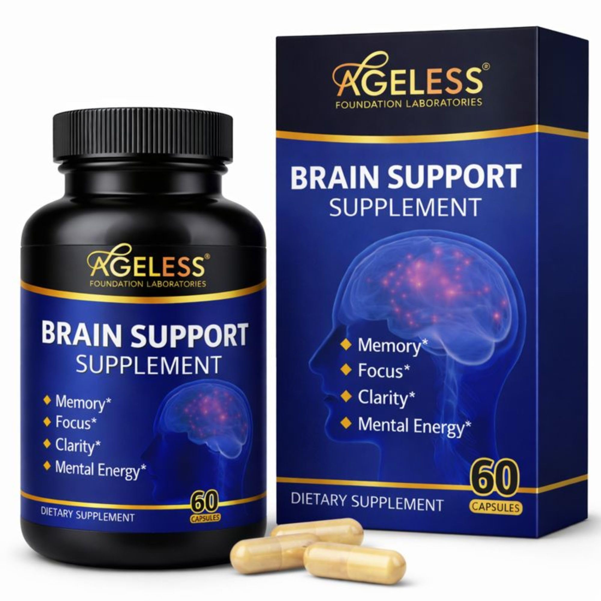 Ageless Brain Supplements for Memory and Focus 1000 MG | Cognitive Improvement | Formulated with Clinically Studied Ingredients | Support Mental Clarity & Neuro Health | Vitamin B6, B12, 60 Capsules - TrustMedUSA