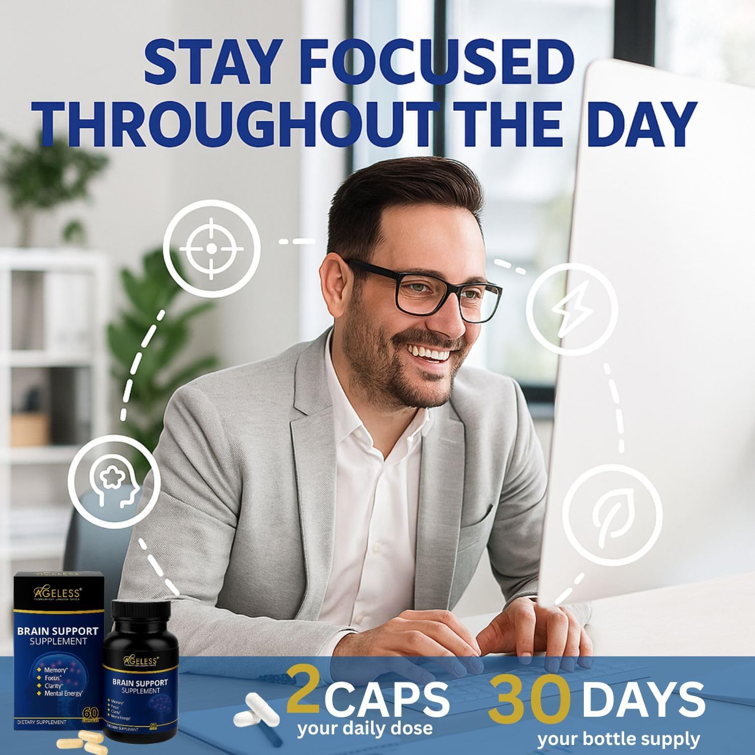 Ageless Brain Supplements for Memory and Focus 1000 MG | Cognitive Improvement | Formulated with Clinically Studied Ingredients | Support Mental Clarity & Neuro Health | Vitamin B6, B12, 60 Capsules - TrustMedUSA